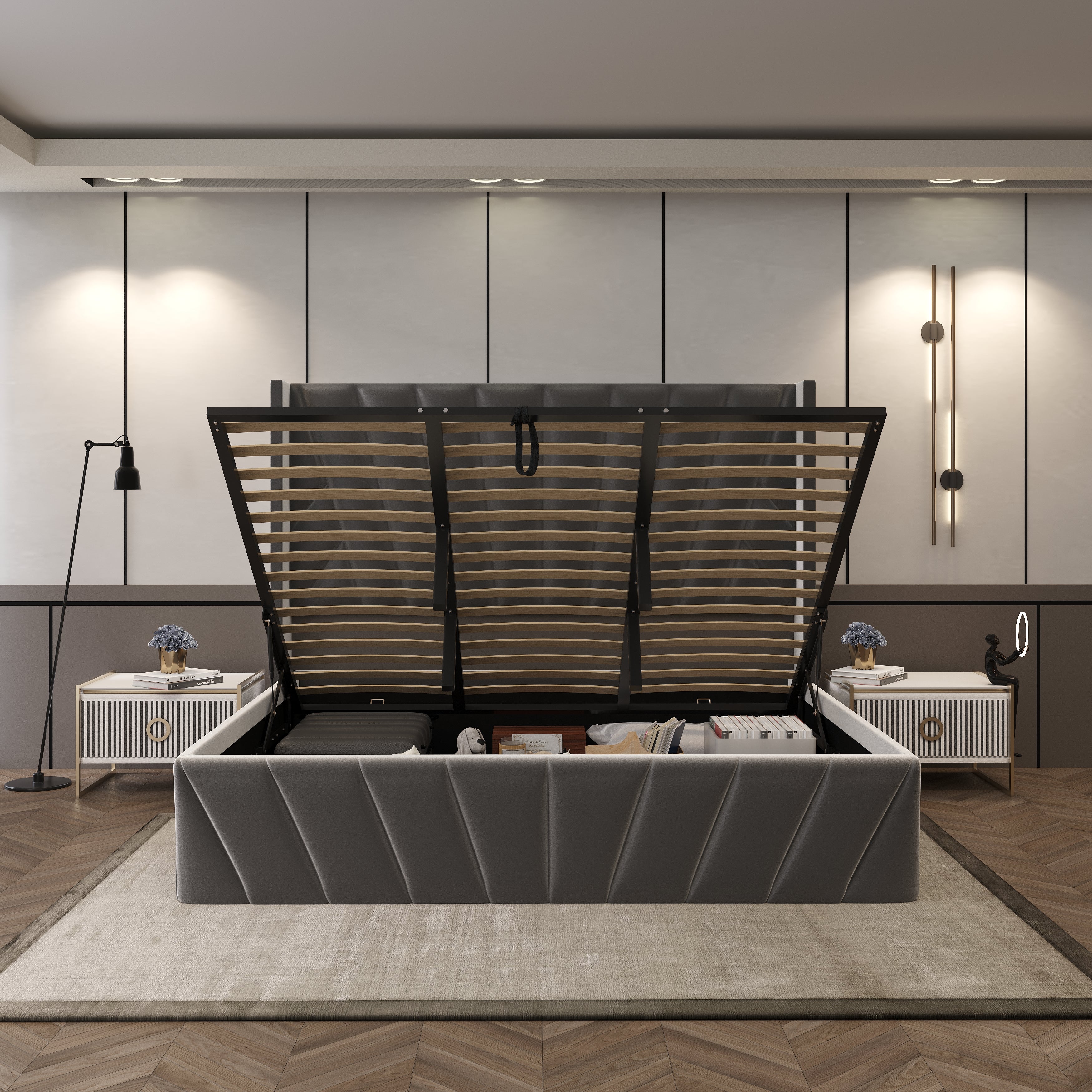 Velets Eva Contemporary Mid-Century Soft Padded Upholstered Platform Storage Bed Frame with Hydraulic Gas Lift Storage - Solid Wood Frame, Wood Slat System & Smart Hydraulic Under-Bed Storage - Charcoal Gray