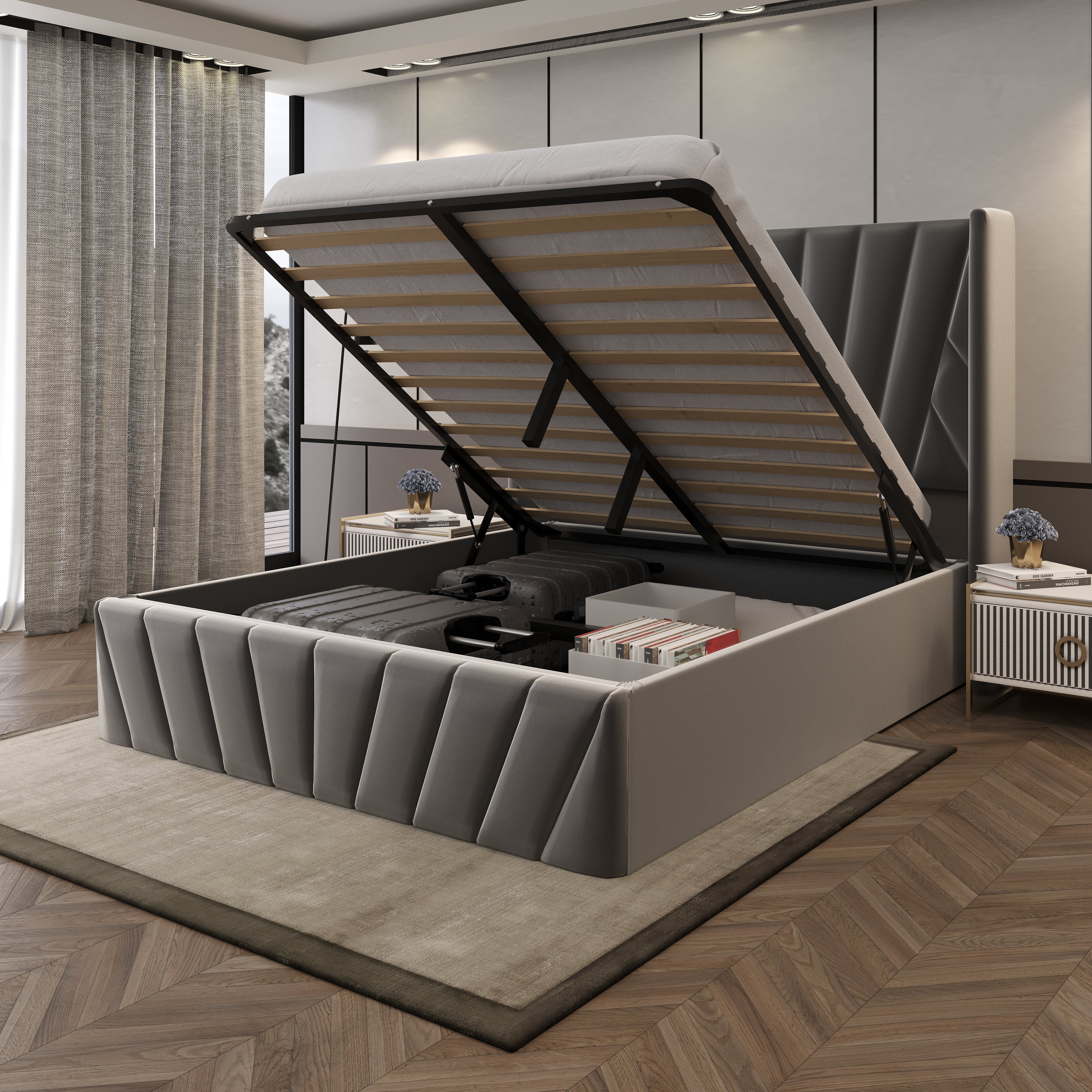 Velets Eva Contemporary Mid-Century Soft Padded Upholstered Platform Storage Bed Frame with Hydraulic Gas Lift Storage - Solid Wood Frame, Wood Slat System & Smart Hydraulic Under-Bed Storage - Charcoal Gray