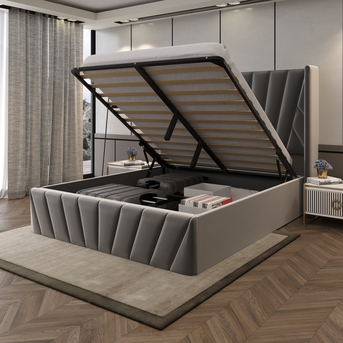 Velets Eva Contemporary Mid-Century Soft Padded Upholstered Platform Storage Bed Frame with Hydraulic Gas Lift Storage - Solid Wood Frame, Wood Slat System & Smart Hydraulic Under-Bed Storage - Charcoal Gray