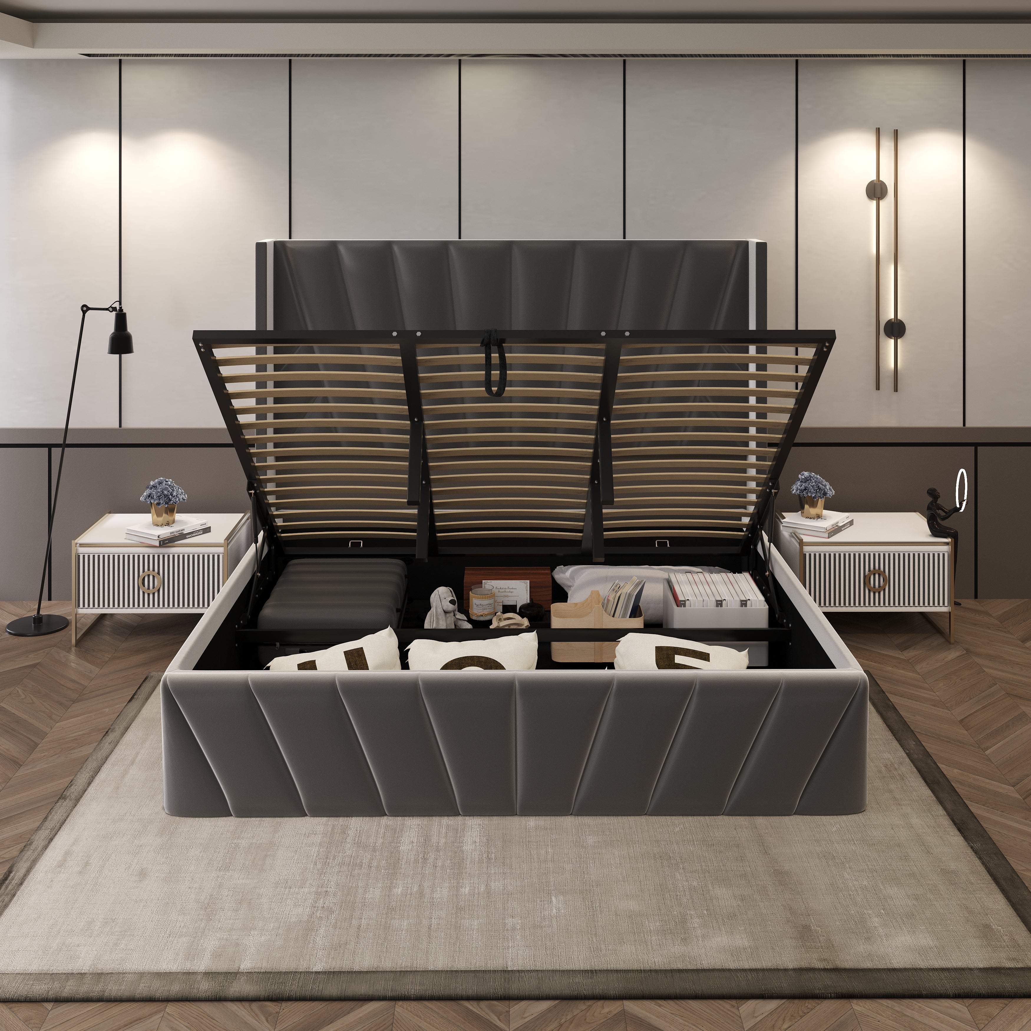 Velets Eva Contemporary Mid-Century Soft Padded Upholstered Platform Storage Bed Frame with Hydraulic Gas Lift Storage - Solid Wood Frame, Wood Slat System & Smart Hydraulic Under-Bed Storage - Charcoal Gray