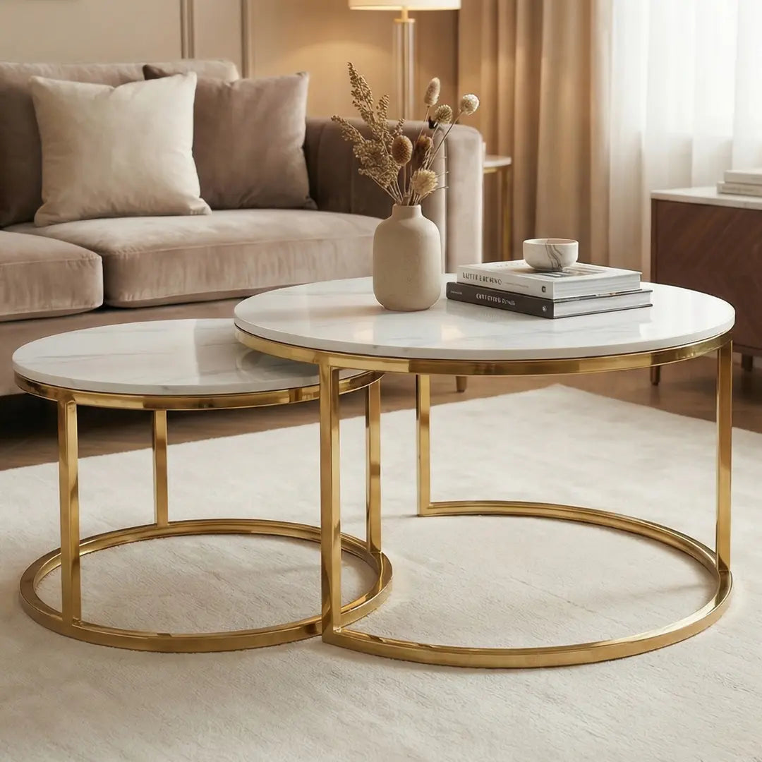 Gloria Nesting Marble Coffee Table | Sintered Stone &amp; Gold Chrome Set