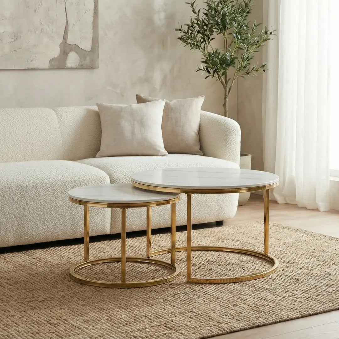 Gloria Nesting Marble Coffee Table | Sintered Stone &amp; Gold Chrome Set