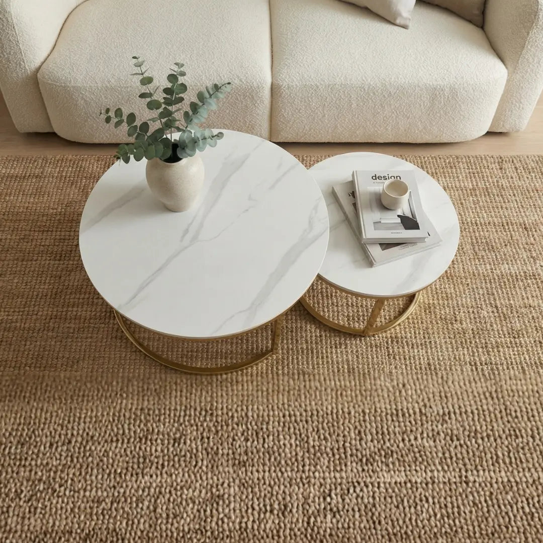 Gloria Nesting Marble Coffee Table | Sintered Stone &amp; Gold Chrome Set