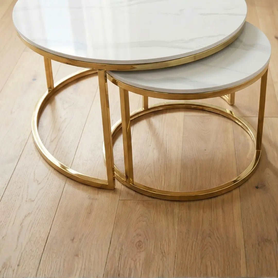 Gloria Nesting Marble Coffee Table | Sintered Stone &amp; Gold Chrome Set