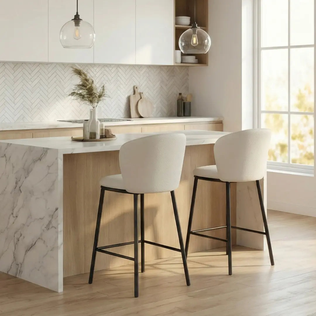 Hannah Bar Stool | Beige Chenille & Matte Black Steel
