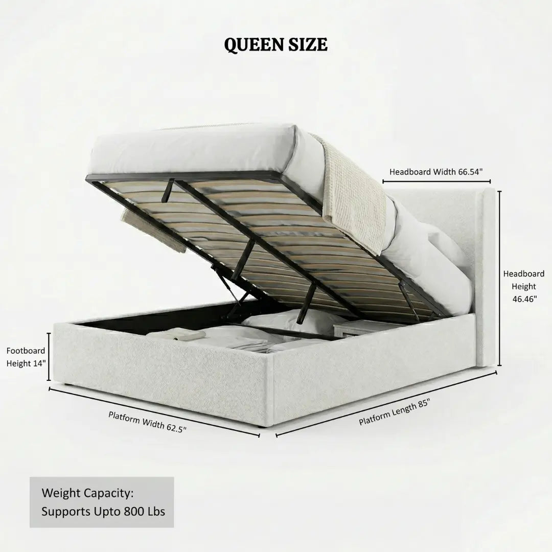 Jasper Lift-Up Storage Boucle Bed – White