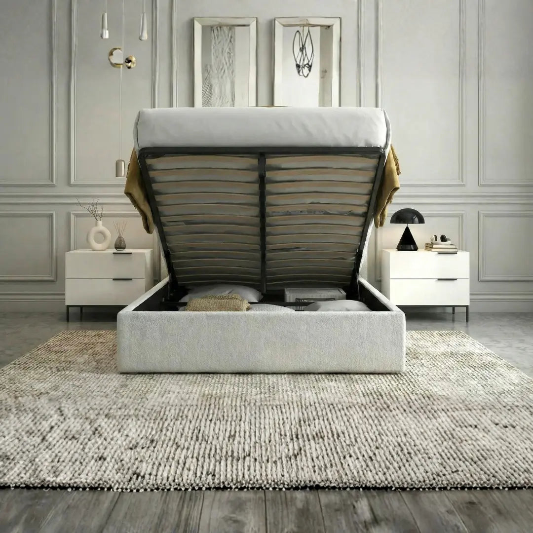 Jasper Lift-Up Storage Boucle Bed – White