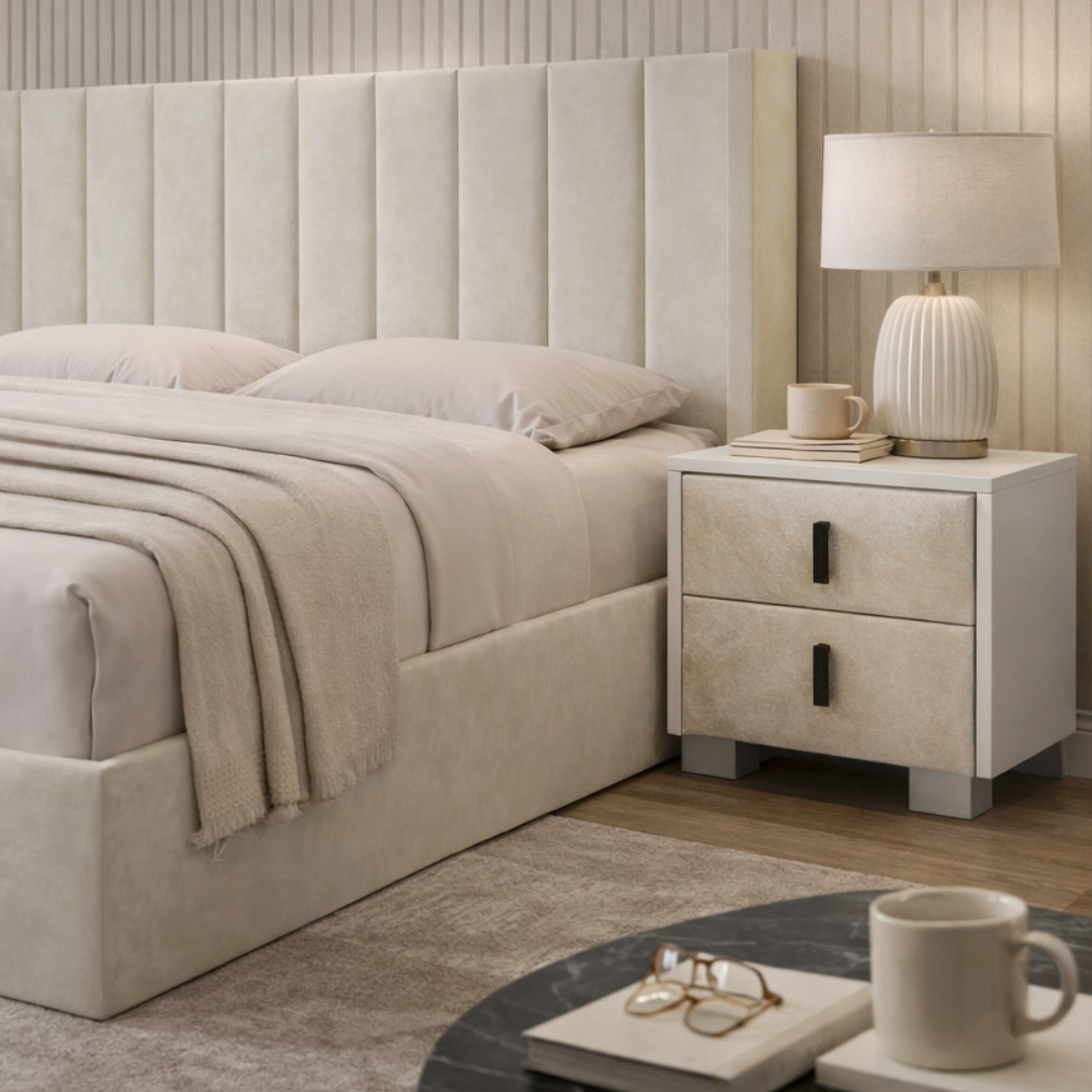 Liana Ivory Velvet Nightstand | Modern Bedside Table with Storag