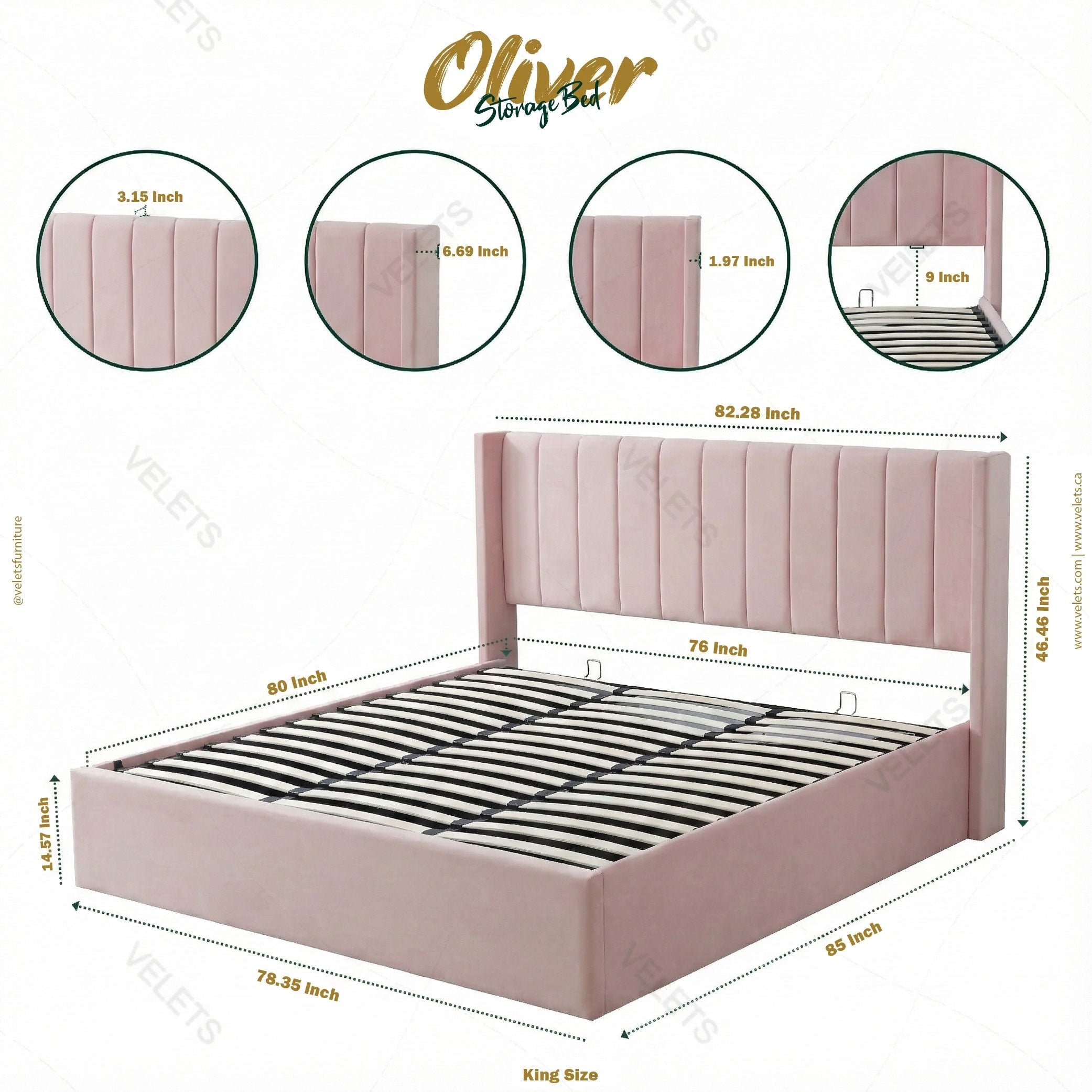 Lit de rangement rose à levage hydraulique Oliver 