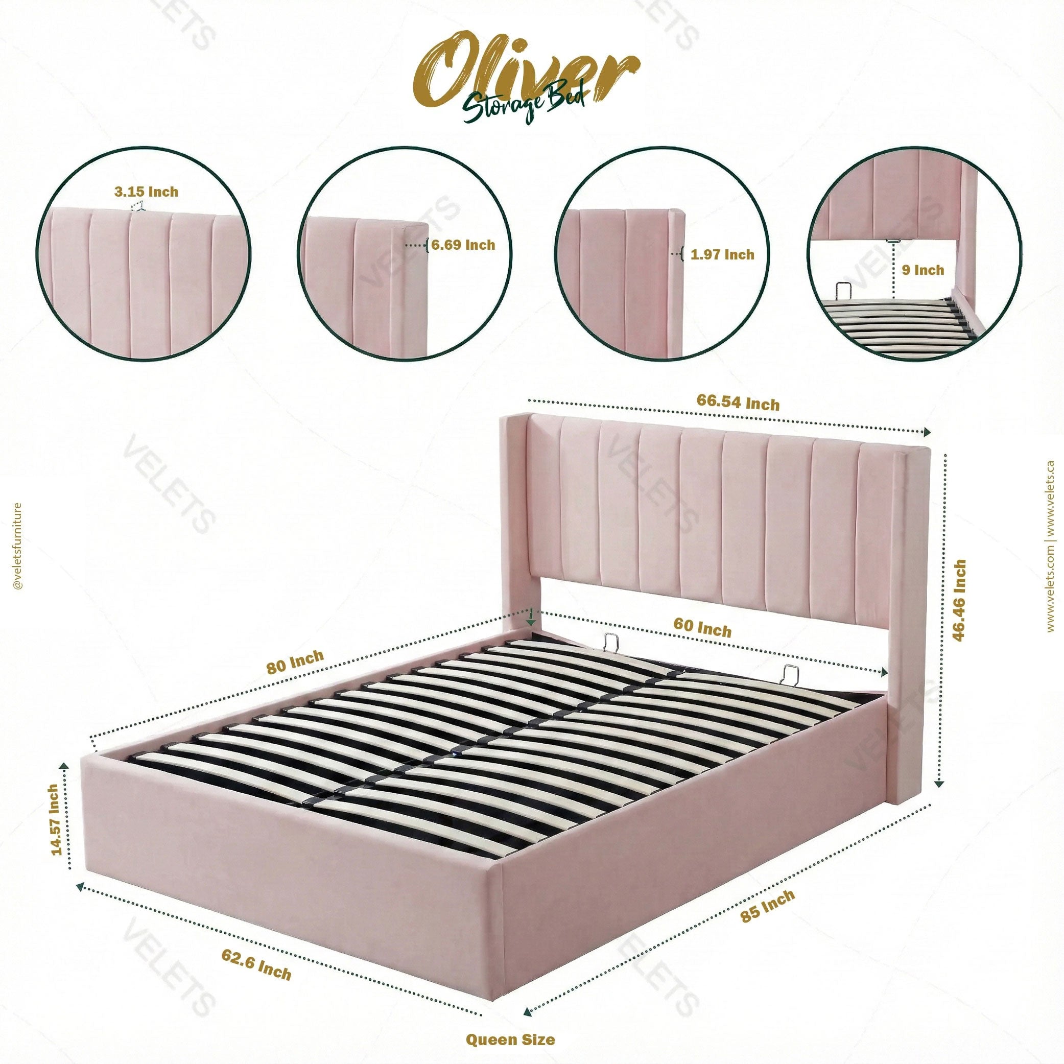 Lit de rangement rose à levage hydraulique Oliver 