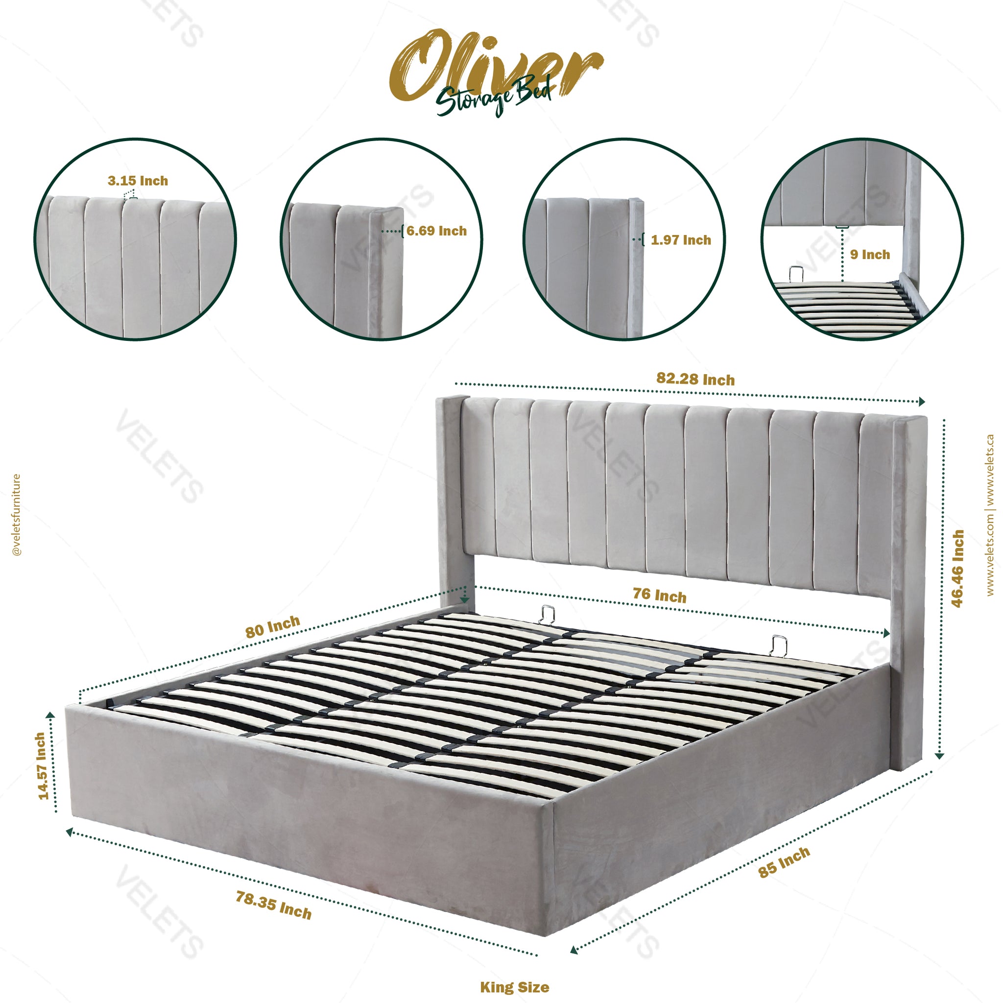 Oliver Hydraulic Lift-Up Storage Bed – Light Gray
