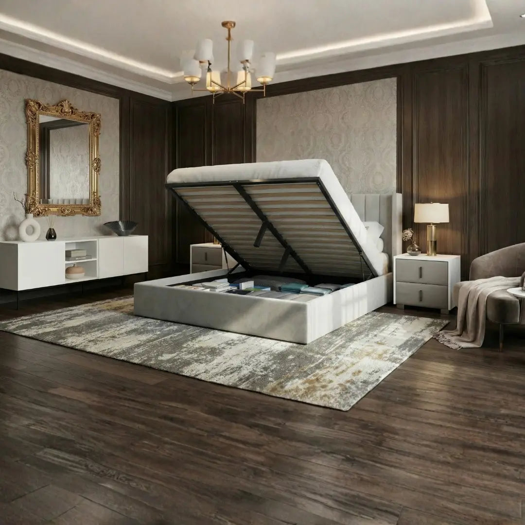 Oliver Hydraulic Lift-Up Storage Bed – Light Gray
