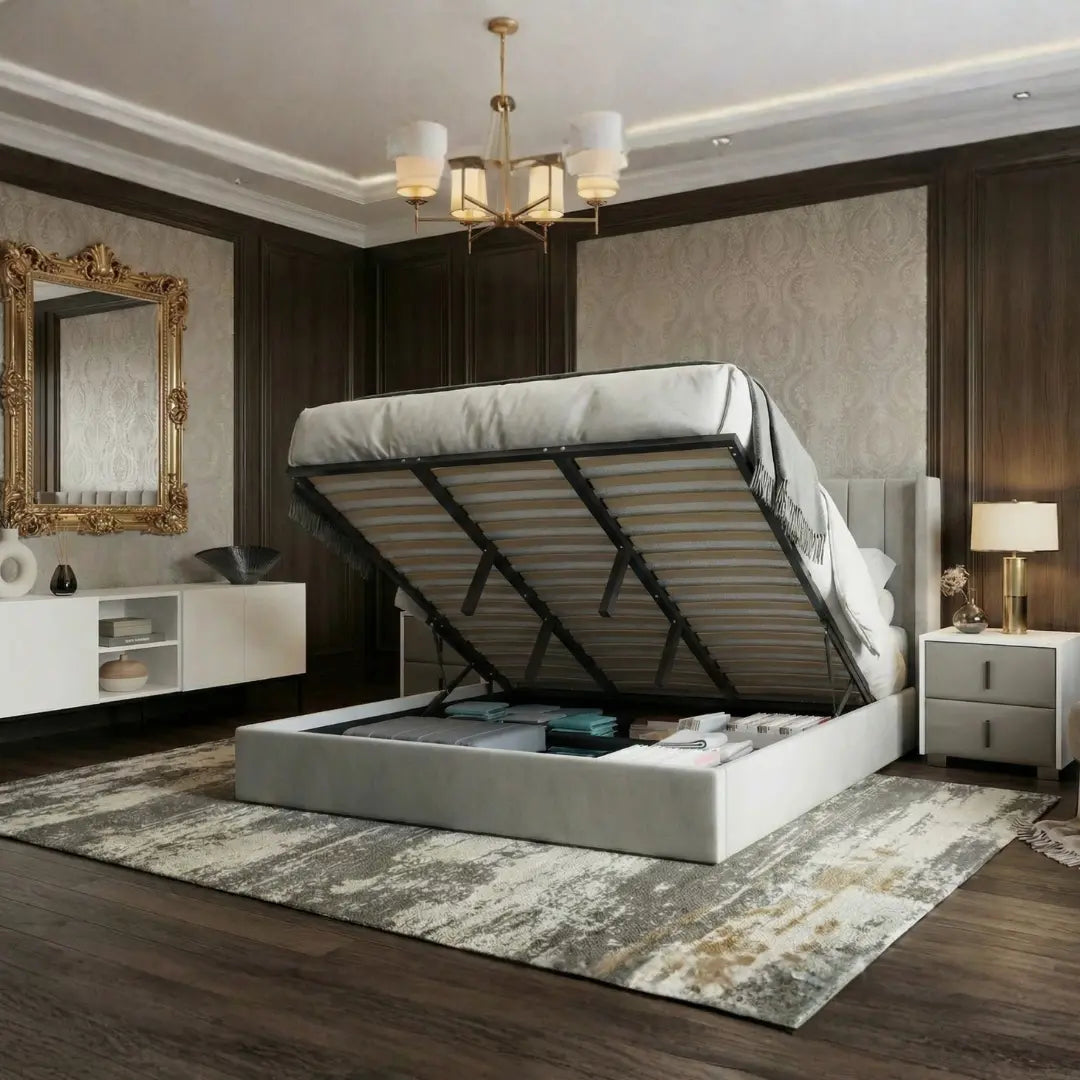 Oliver Hydraulic Lift-Up Storage Bed – Light Gray