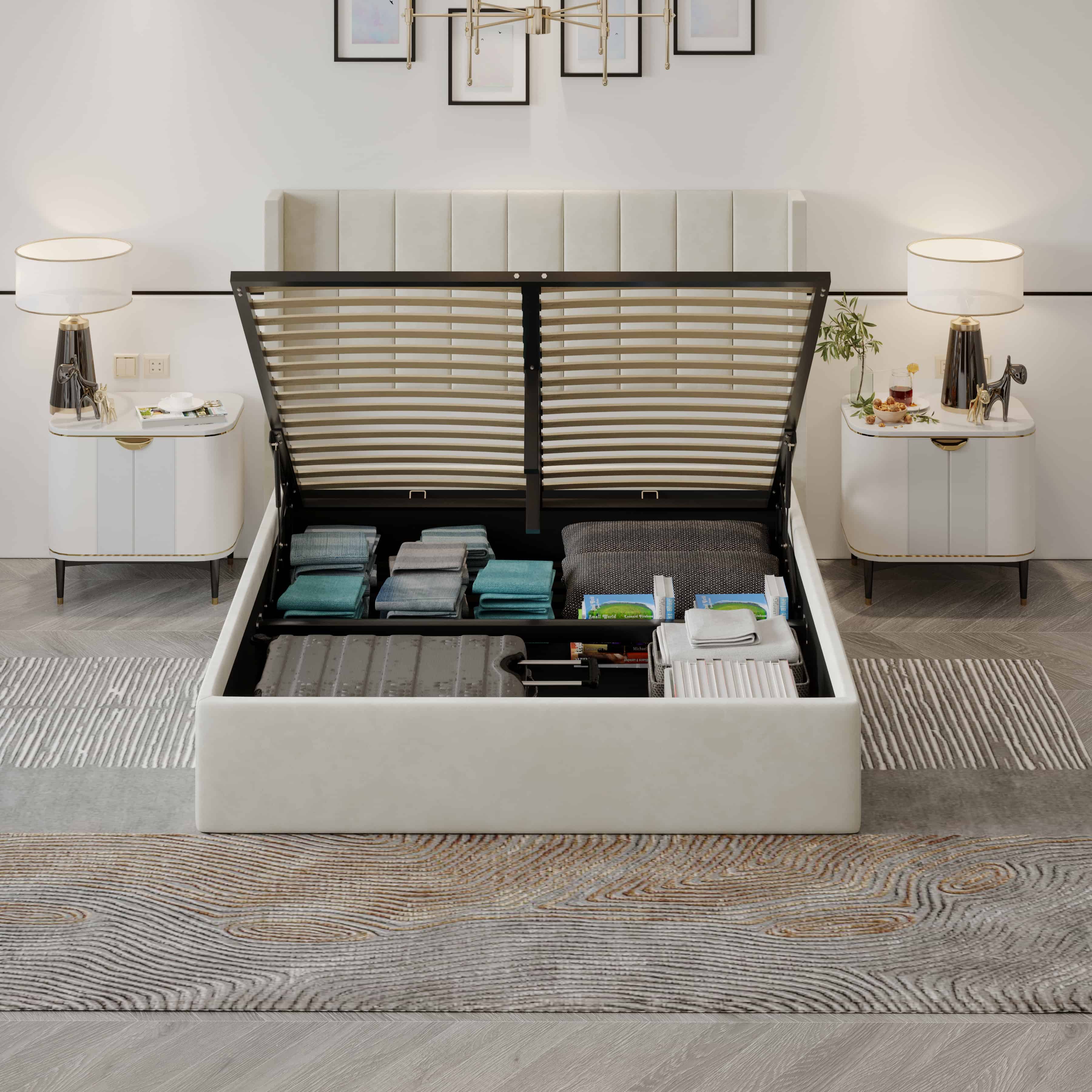 Oliver Mid‐Century Upholstered Platform Storage Bed Frame with Hydraulic Gas‐Lift & Solid Wood Slats – King/Queen/Double Size – 10