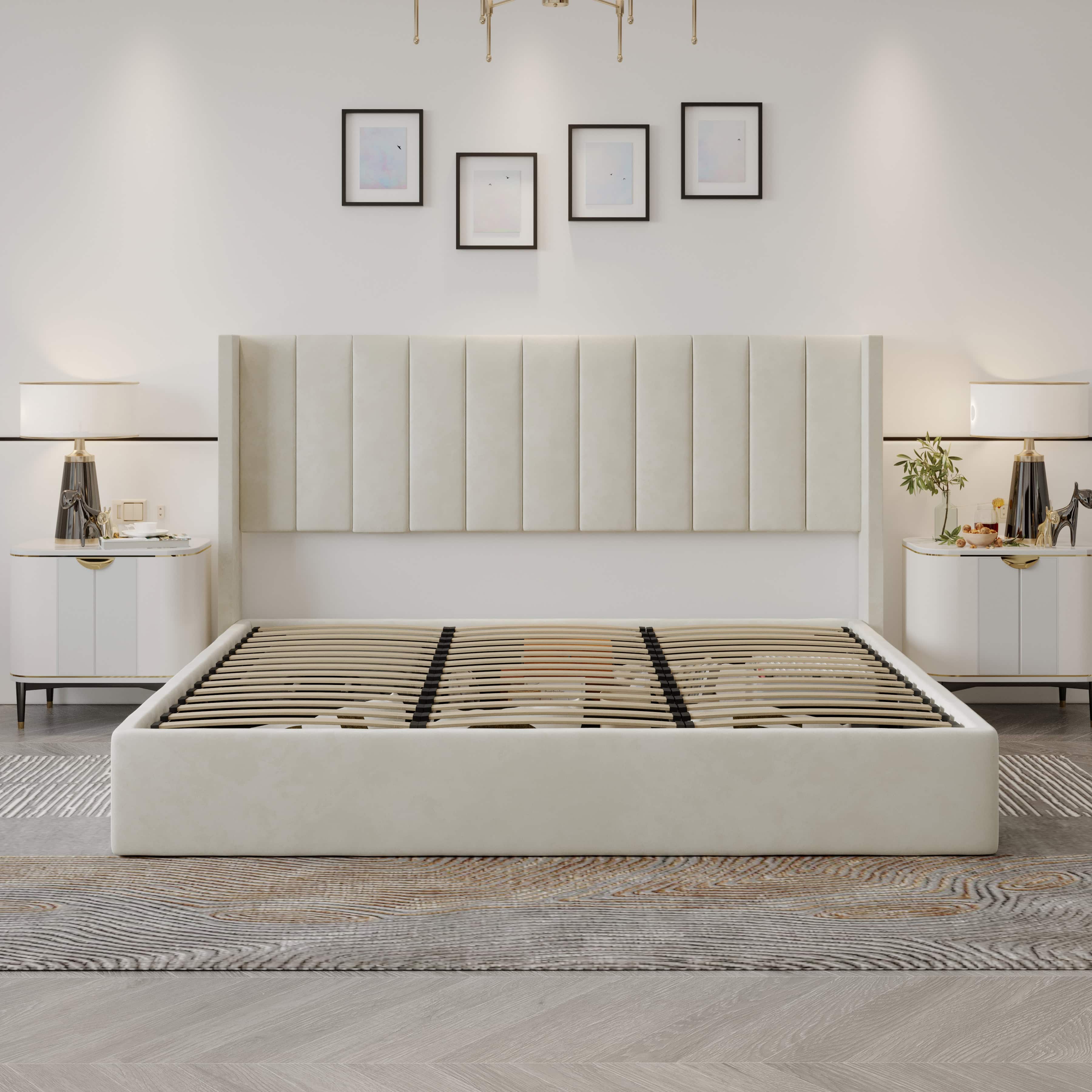 Oliver Mid‐Century Upholstered Platform Storage Bed Frame with Hydraulic Gas‐Lift & Solid Wood Slats – King/Queen/Double Size – 11