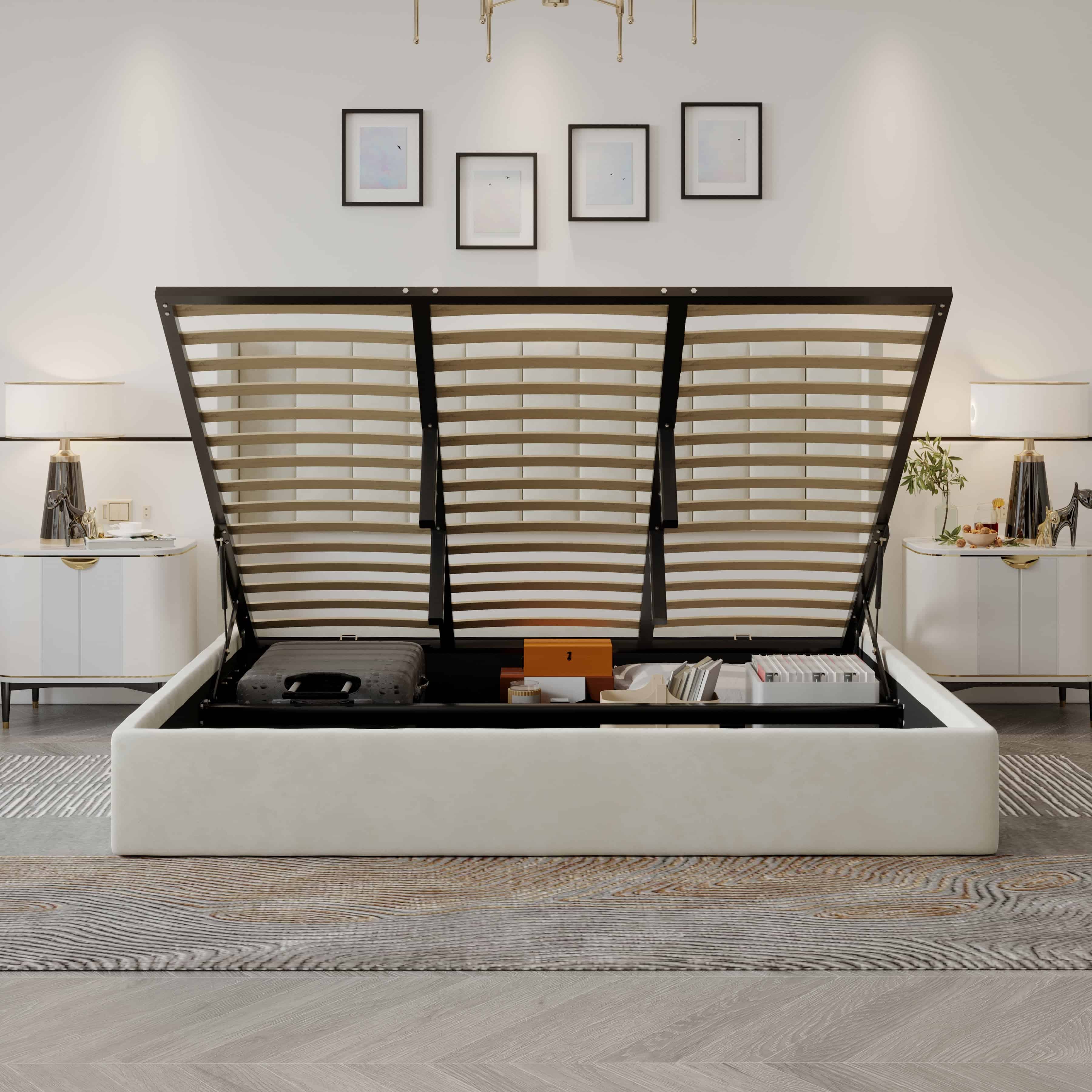 Oliver Mid‐Century Upholstered Platform Storage Bed Frame with Hydraulic Gas‐Lift & Solid Wood Slats – King/Queen/Double Size – 12