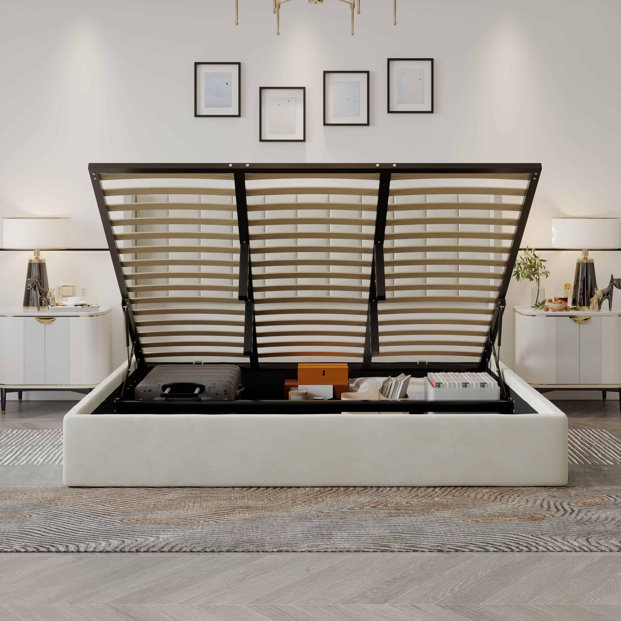 Oliver Mid‐Century Upholstered Platform Storage Bed Frame with Hydraulic Gas‐Lift & Solid Wood Slats – King/Queen/Double Size – 12