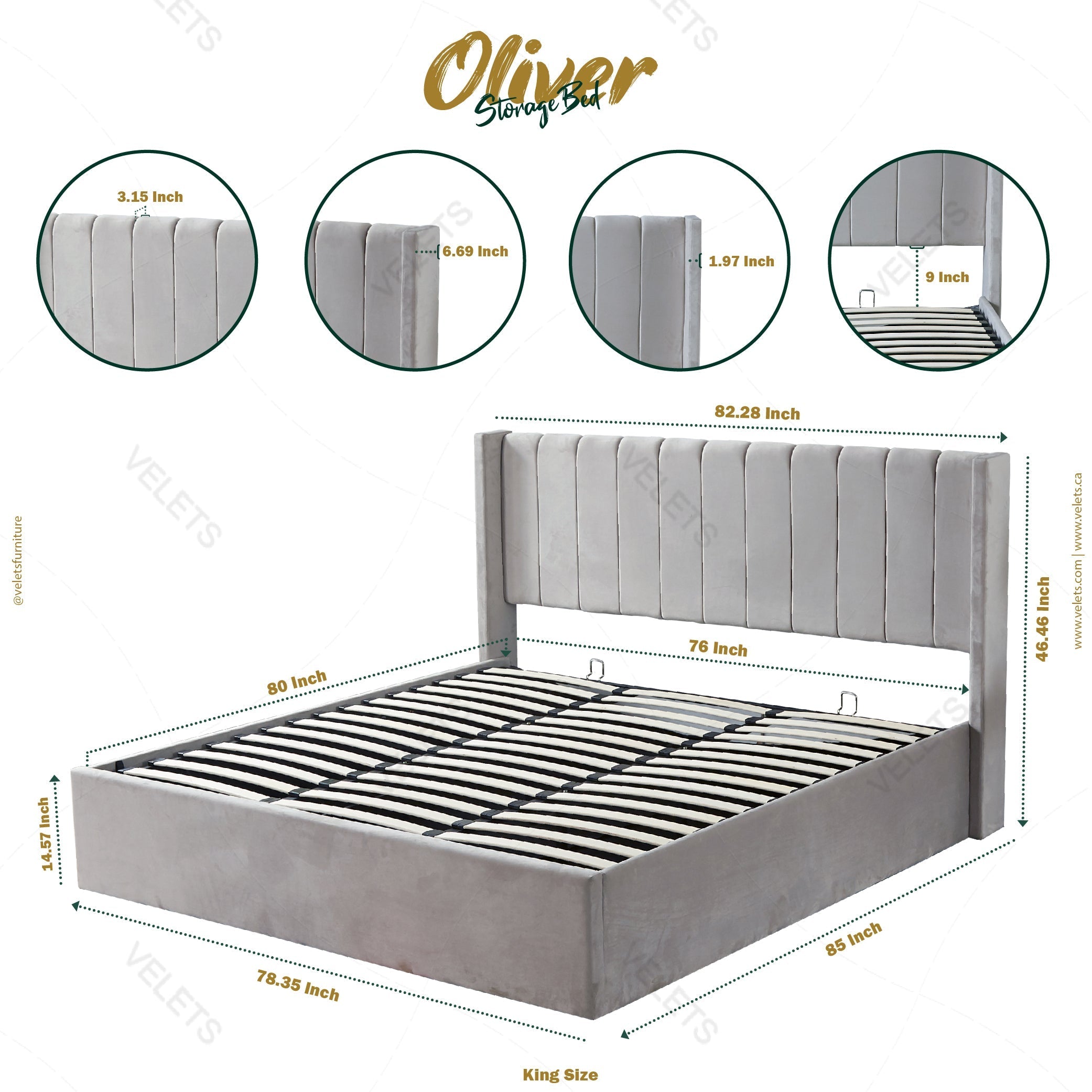Oliver Mid‐Century Upholstered Platform Storage Bed Frame with Hydraulic Gas‐Lift & Solid Wood Slats – King/Queen/Double Size – 13