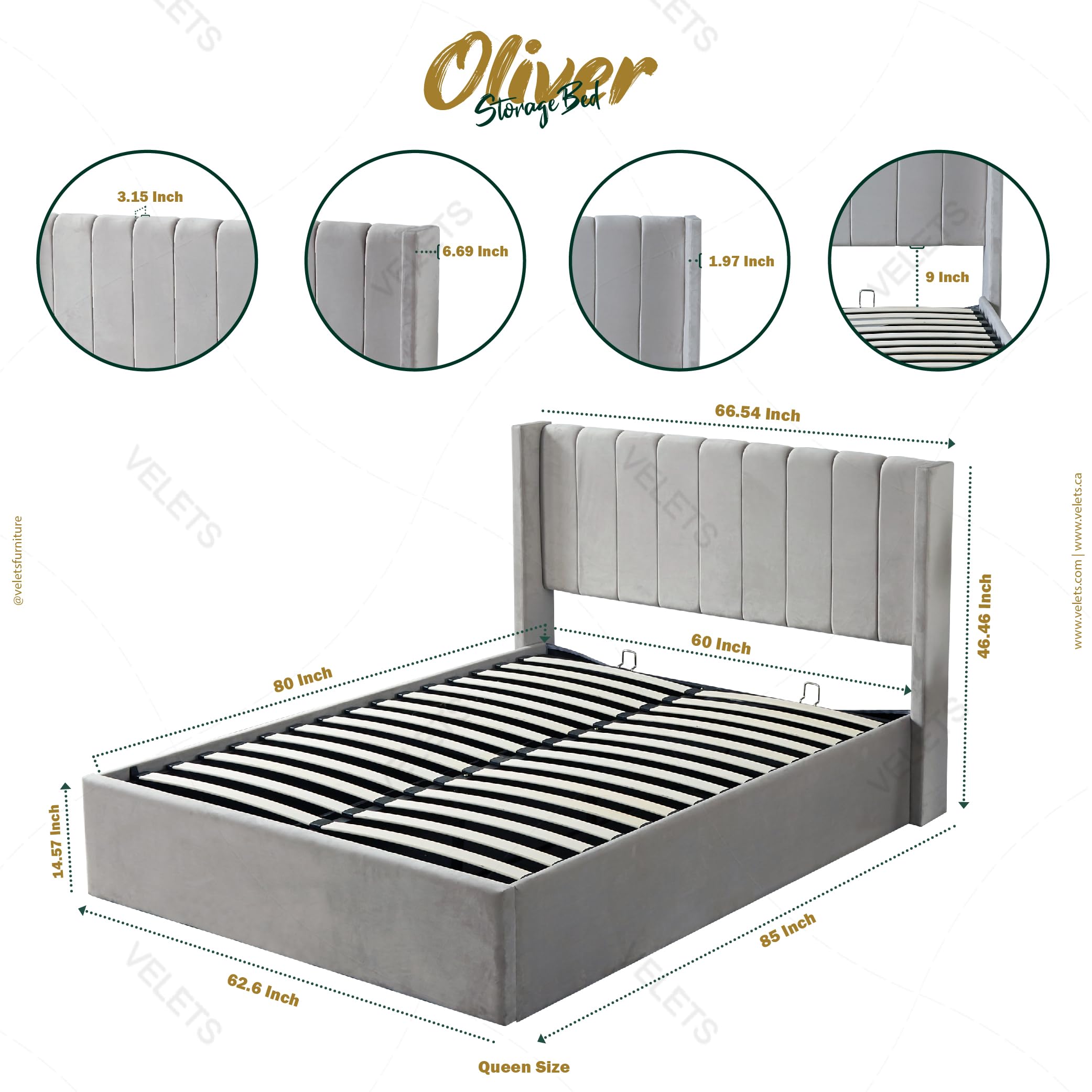 Oliver Mid‐Century Upholstered Platform Storage Bed Frame with Hydraulic Gas‐Lift & Solid Wood Slats – King/Queen/Double Size – 14