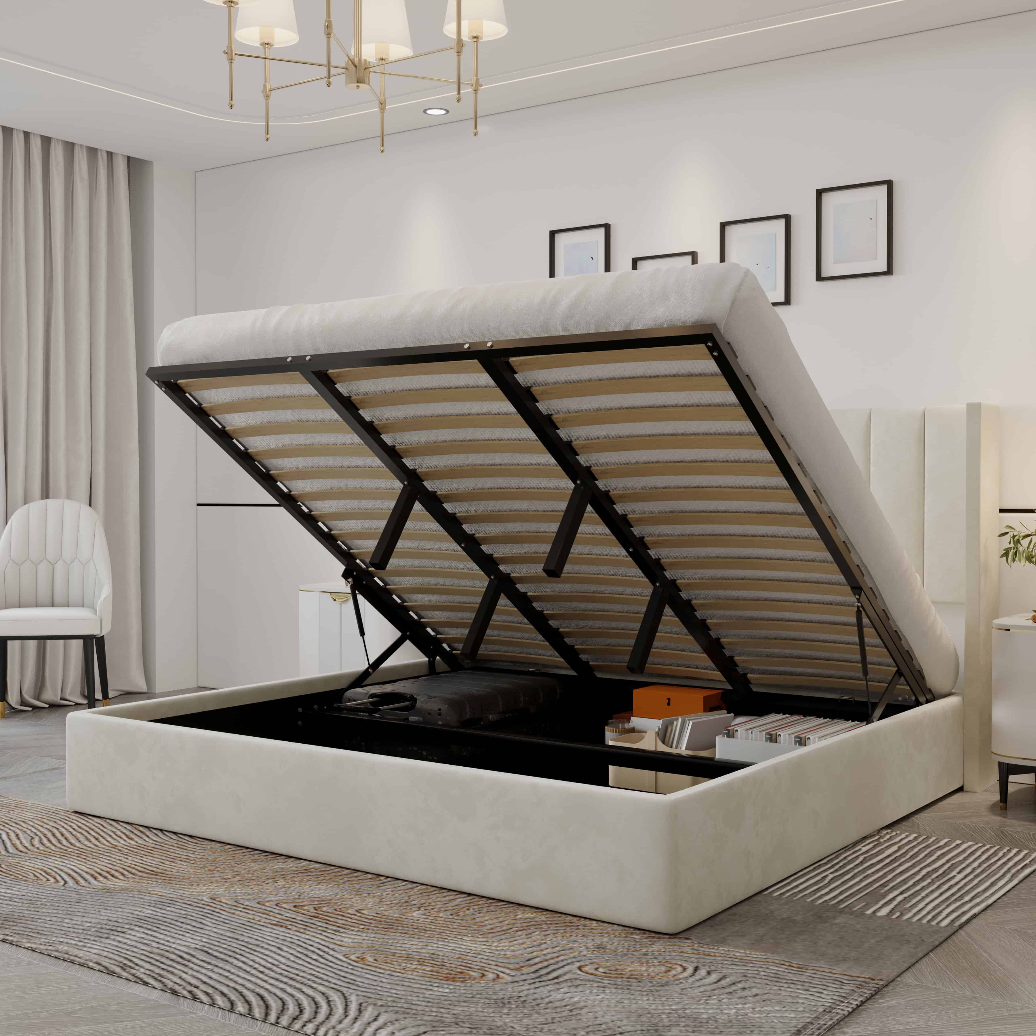 Oliver Mid‐Century Upholstered Platform Storage Bed Frame with Hydraulic Gas‐Lift & Solid Wood Slats – King/Queen/Double Size – 2