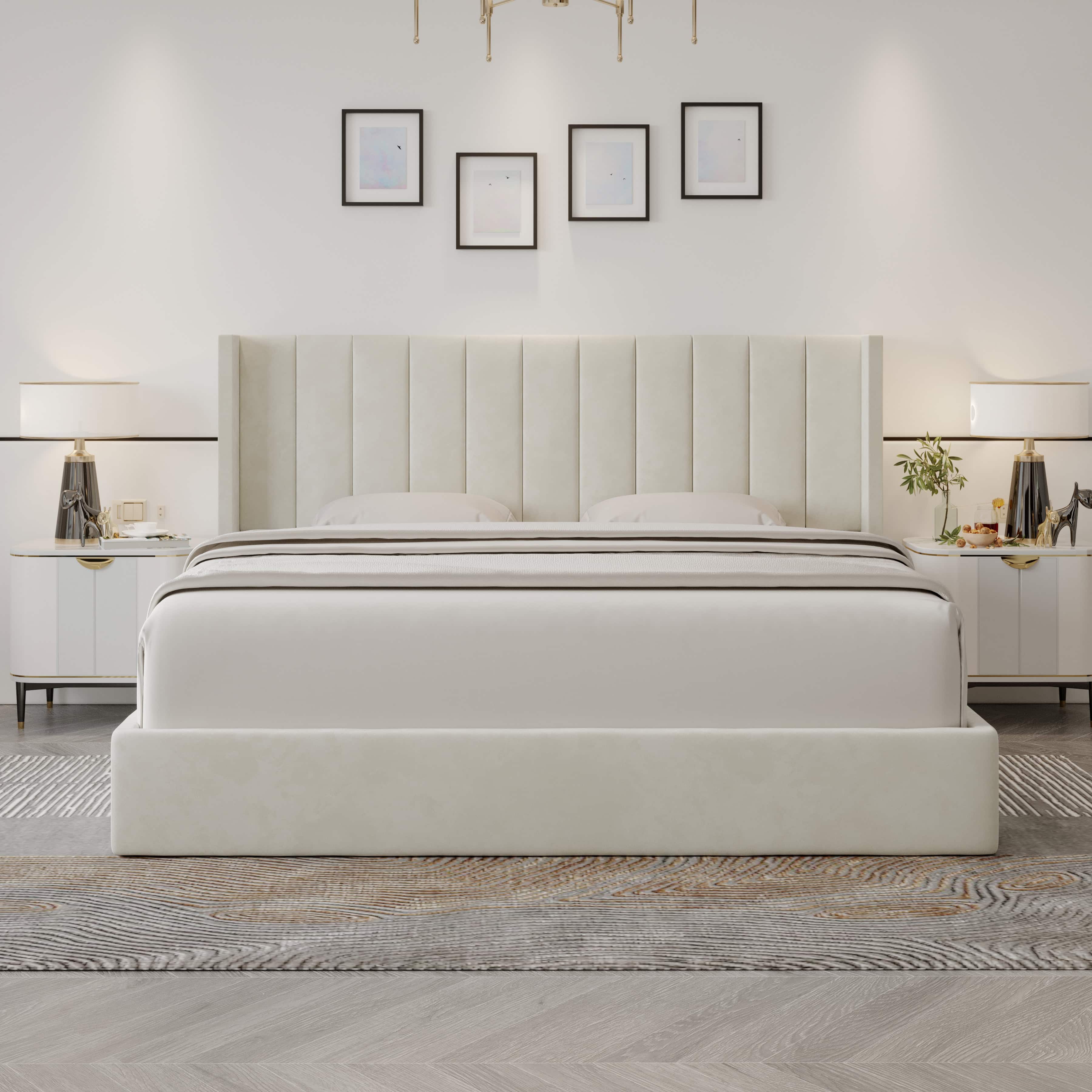 Oliver Mid‐Century Upholstered Platform Storage Bed Frame with Hydraulic Gas‐Lift & Solid Wood Slats – King/Queen/Double Size – 4
