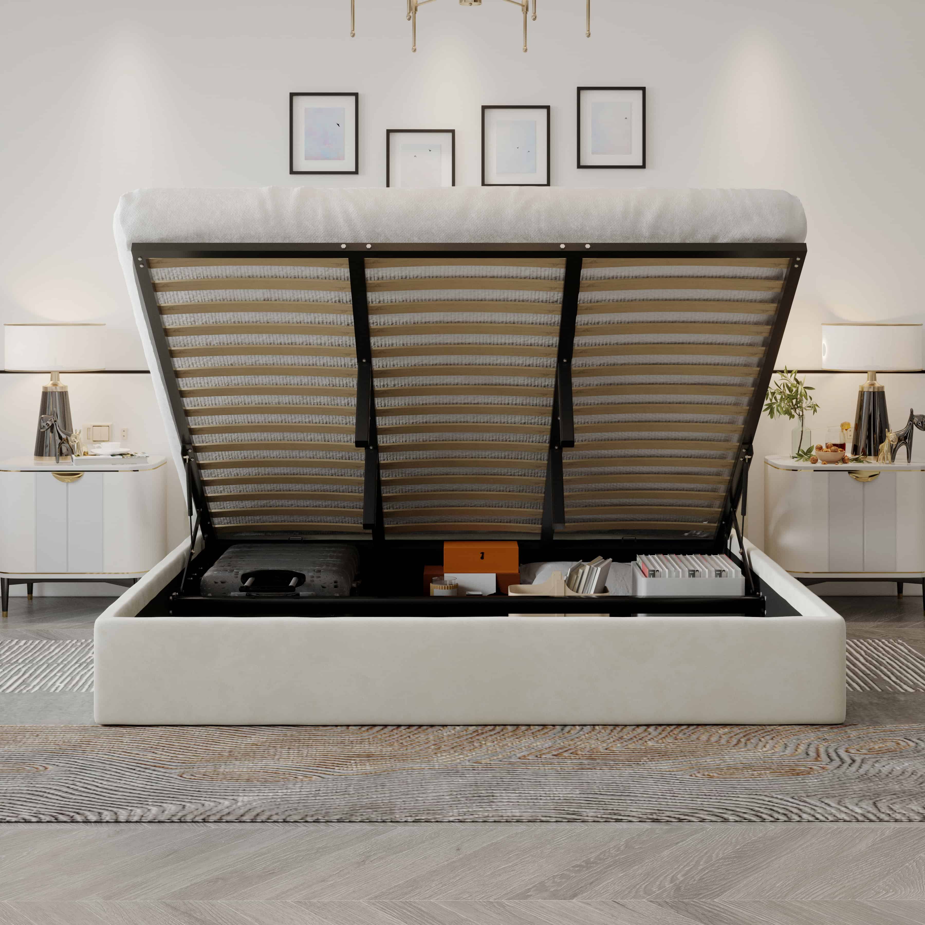 Oliver Mid‐Century Upholstered Platform Storage Bed Frame with Hydraulic Gas‐Lift & Solid Wood Slats – King/Queen/Double Size – 7