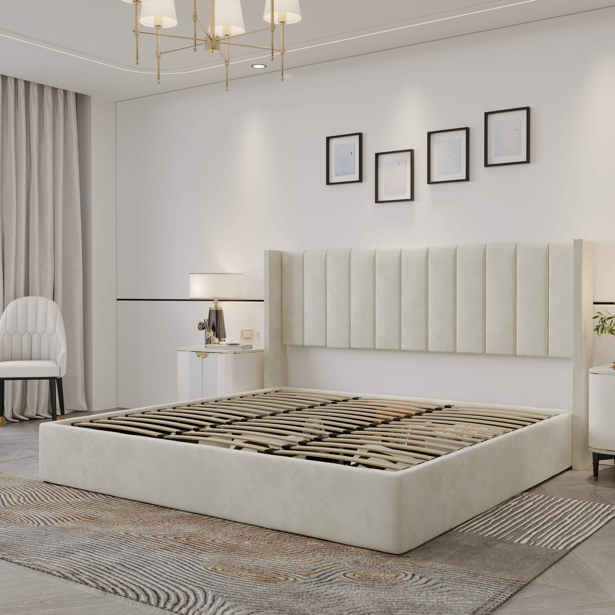 Oliver Mid‐Century Upholstered Platform Storage Bed Frame with Hydraulic Gas‐Lift & Solid Wood Slats – King/Queen/Double Size – 8