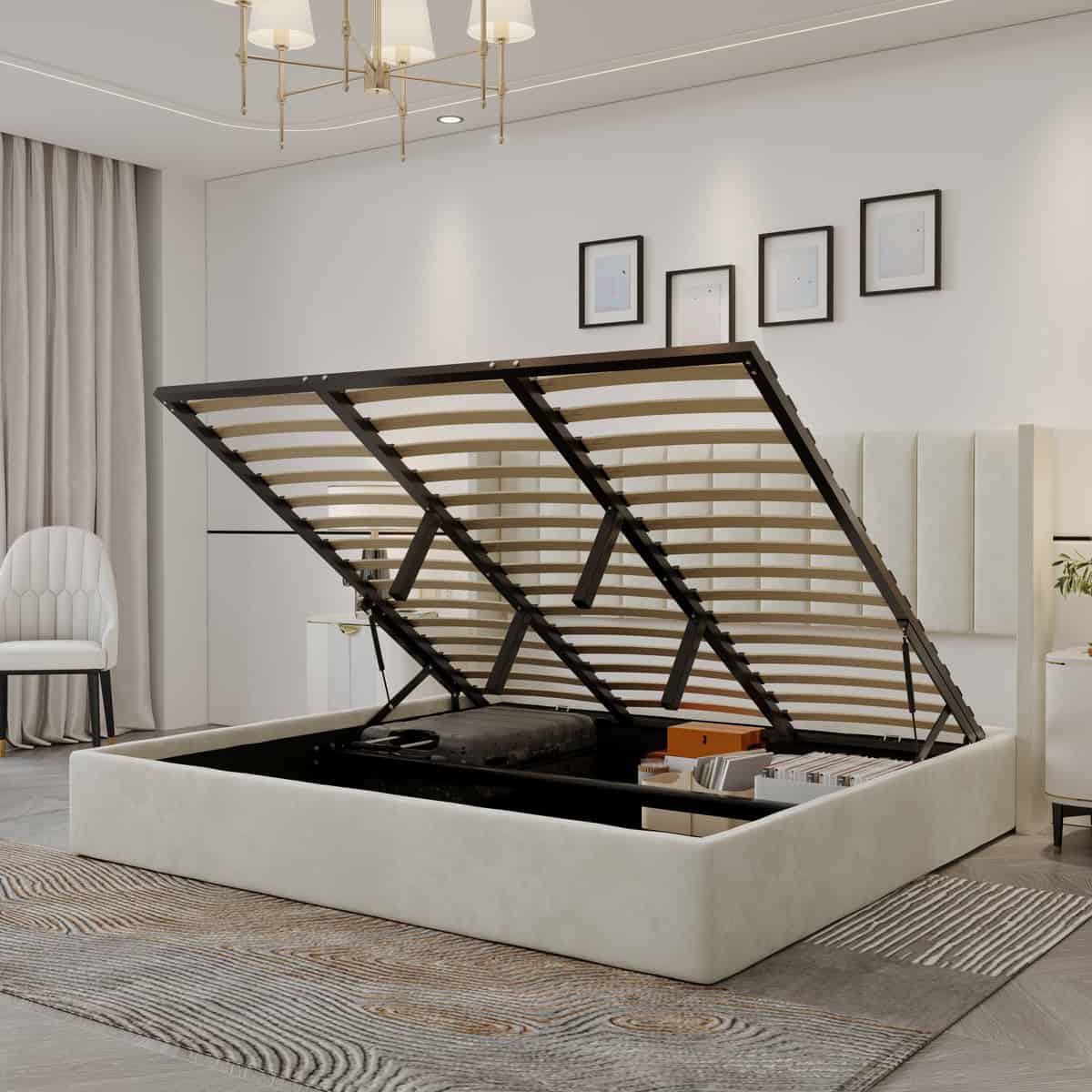 Oliver Mid‐Century Upholstered Platform Storage Bed Frame with Hydraulic Gas‐Lift & Solid Wood Slats – King/Queen/Double Size – 9