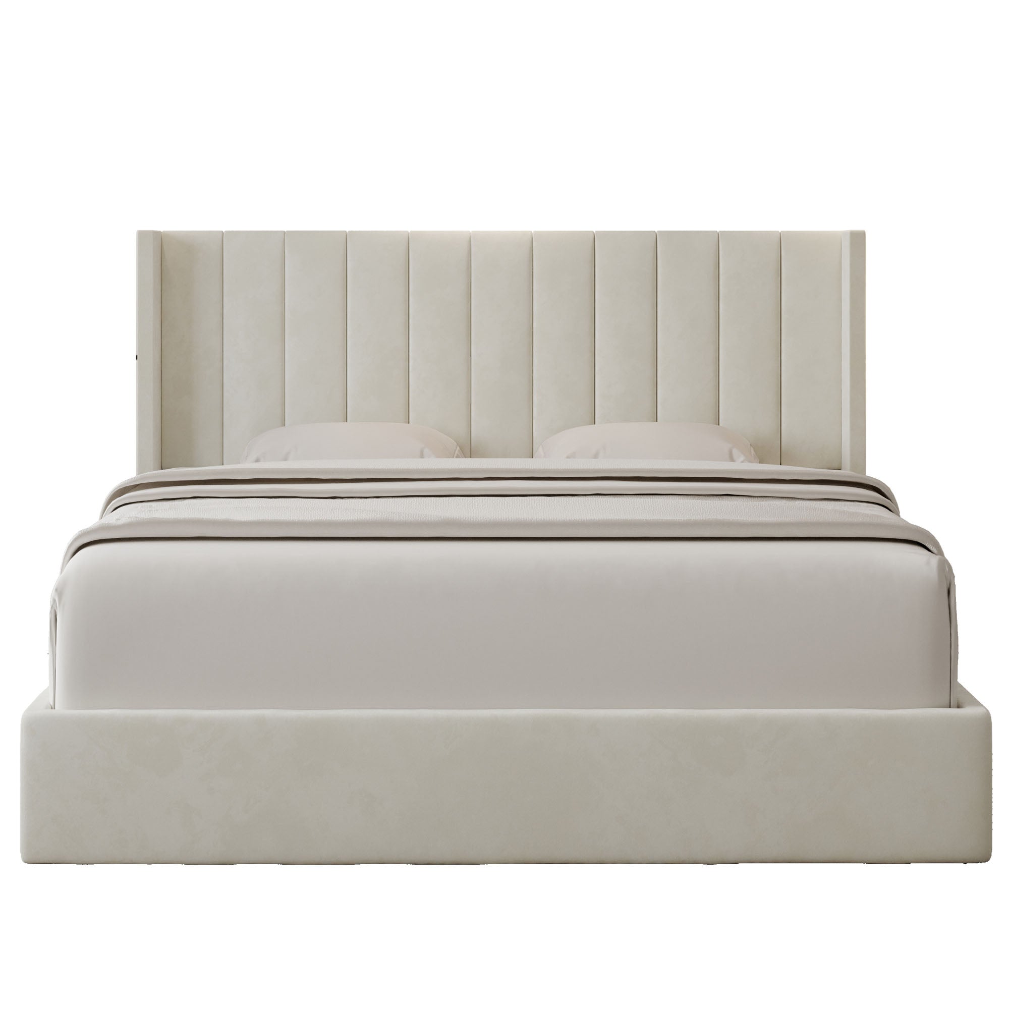 Oliver Mid‐Century Upholstered Platform Storage Bed Frame with Hydraulic Gas‐Lift & Solid Wood Slats – King/Queen/Double Size – Ivory
