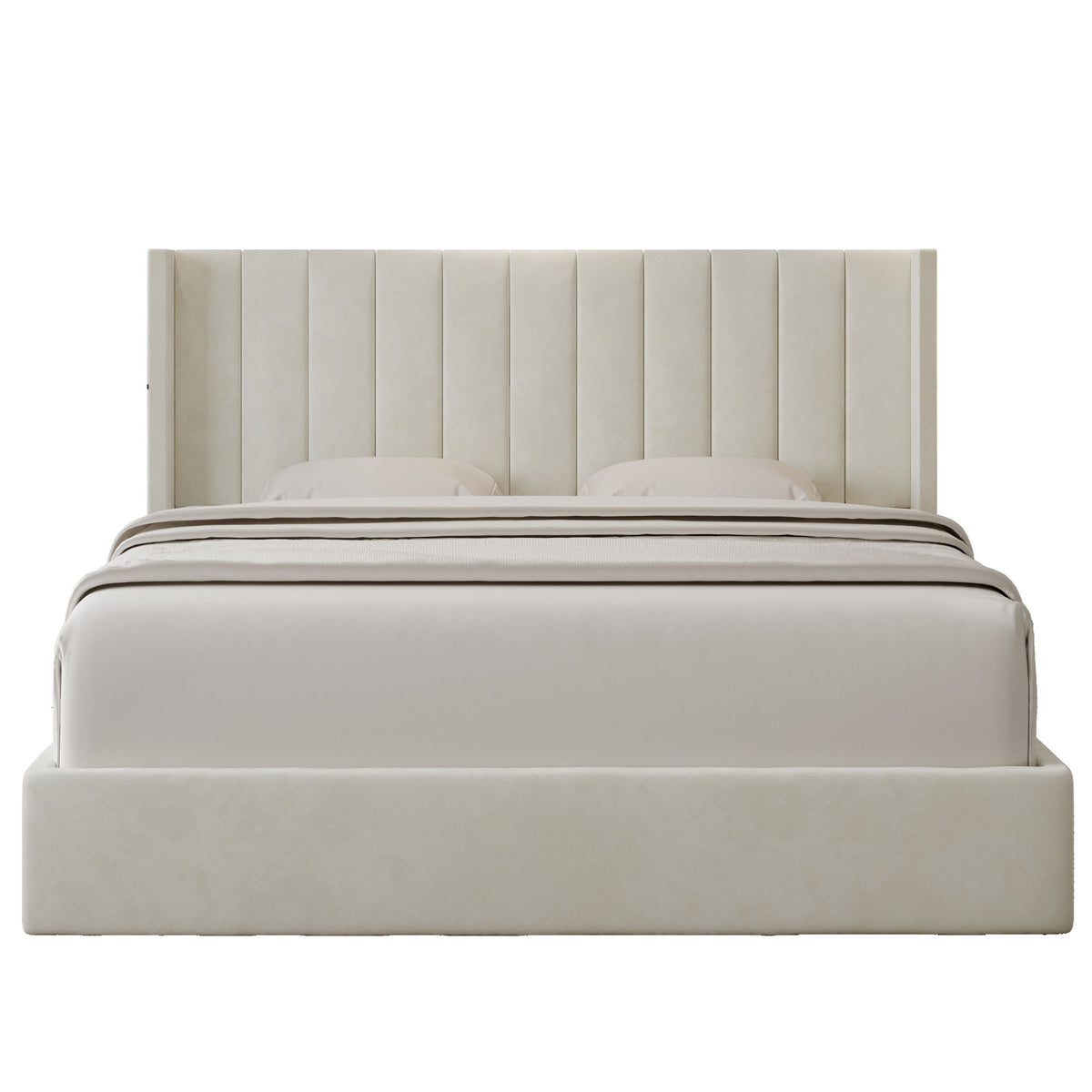 Oliver Mid‐Century Upholstered Platform Storage Bed Frame with Hydraulic Gas‐Lift & Solid Wood Slats – King/Queen/Double Size – Ivory