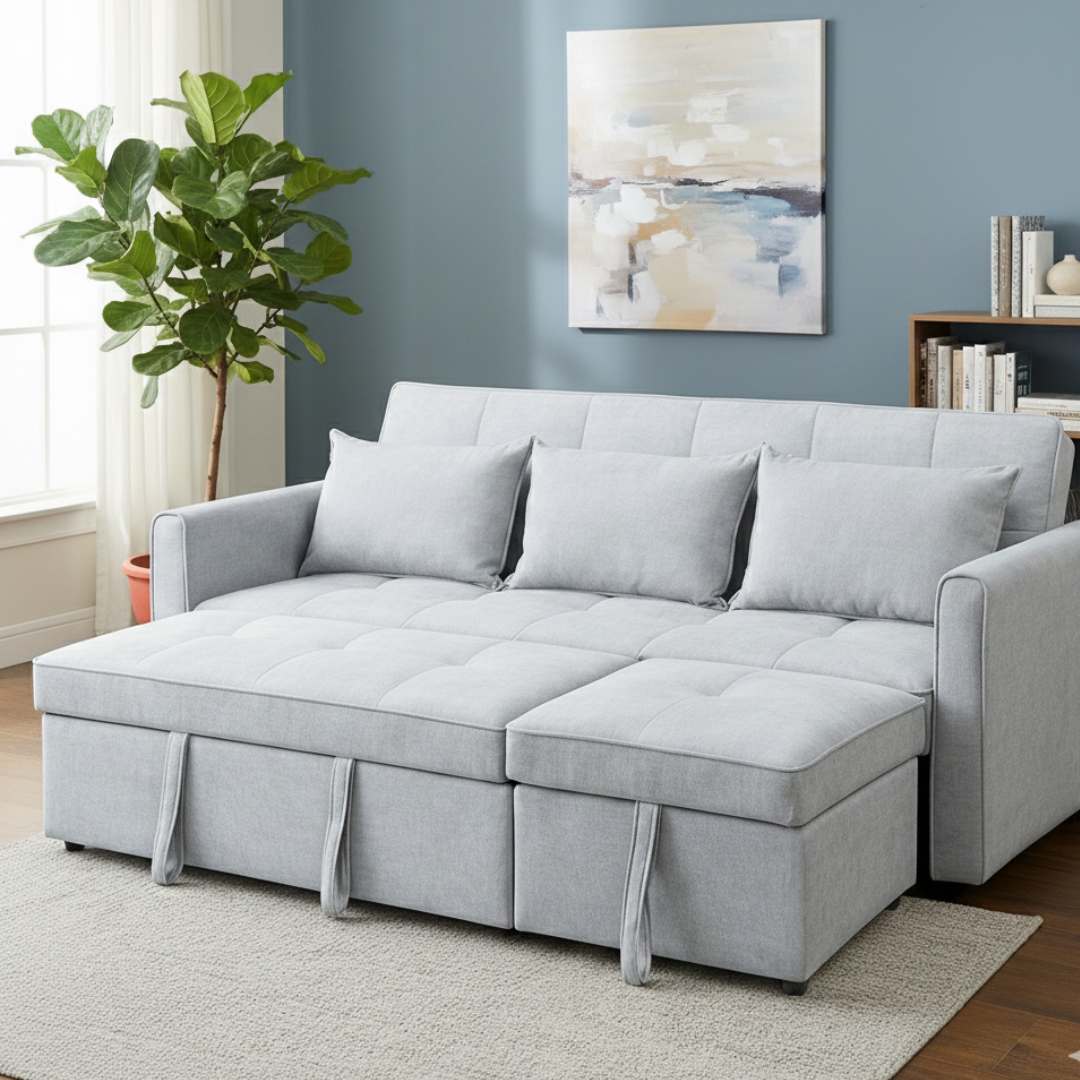 Raya Gray Velvet Queen Sofa Bed | Dual Pull-Out Sleeper Couch