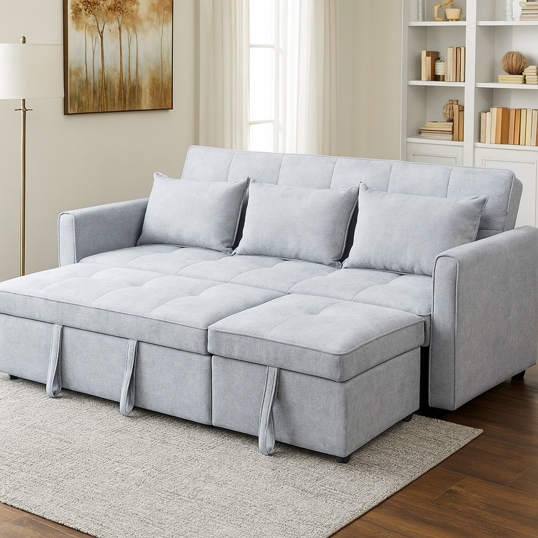 Raya Gray Velvet Queen Sofa Bed | Dual Pull-Out Sleeper Couch