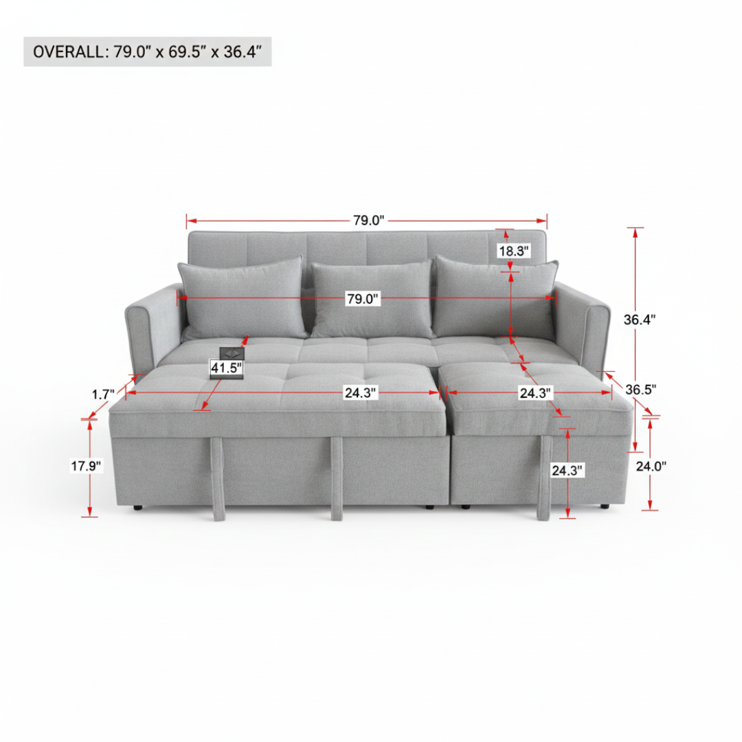 Raya Gray Velvet Queen Sofa Bed | Dual Pull-Out Sleeper Couch