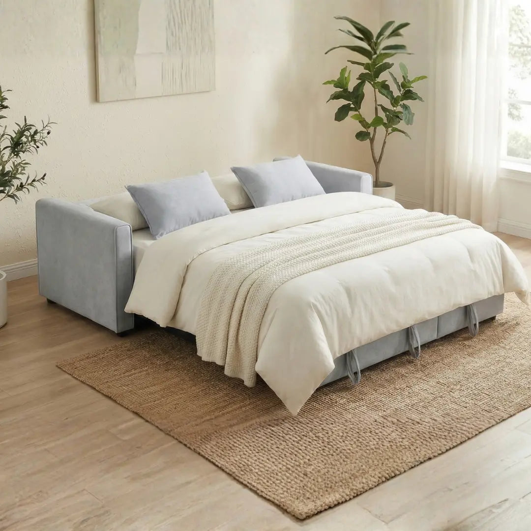 Raya Gray Velvet Queen Sofa Bed | Dual Pull-Out Sleeper Couch
