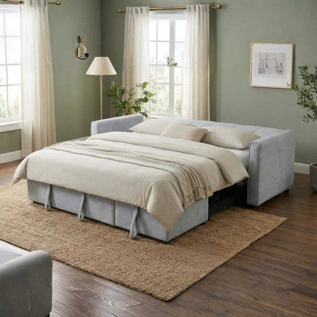 Raya Gray Velvet Queen Sofa Bed | Dual Pull-Out Sleeper Couch