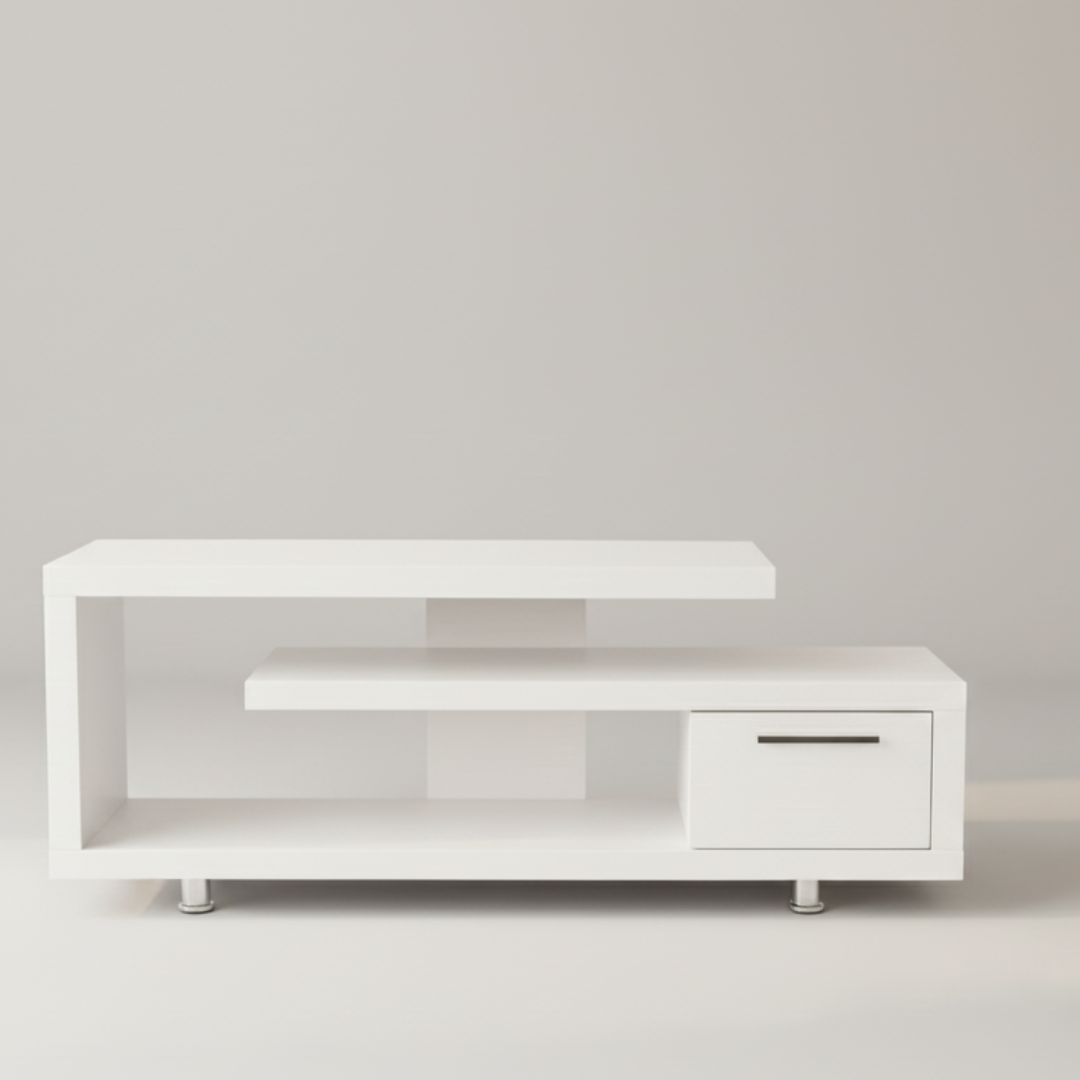 Rina TV Console | Modern Staggered White Media Unit with Drawer