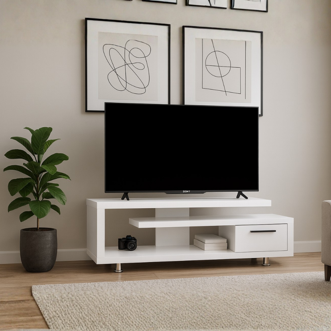 Rina TV Console | Modern Staggered White Media Unit with Drawer