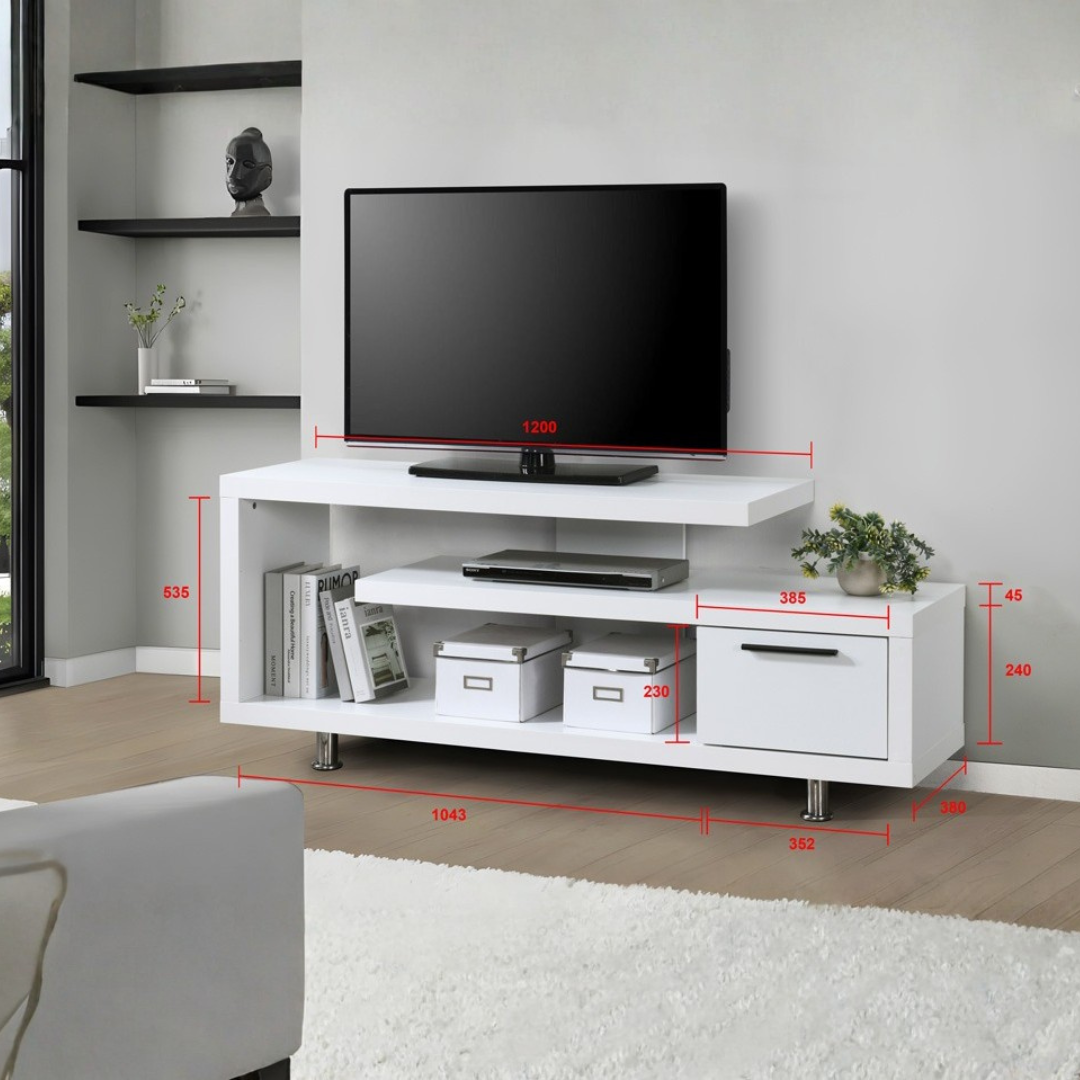 Rina TV Console | Modern Staggered White Media Unit with Drawer