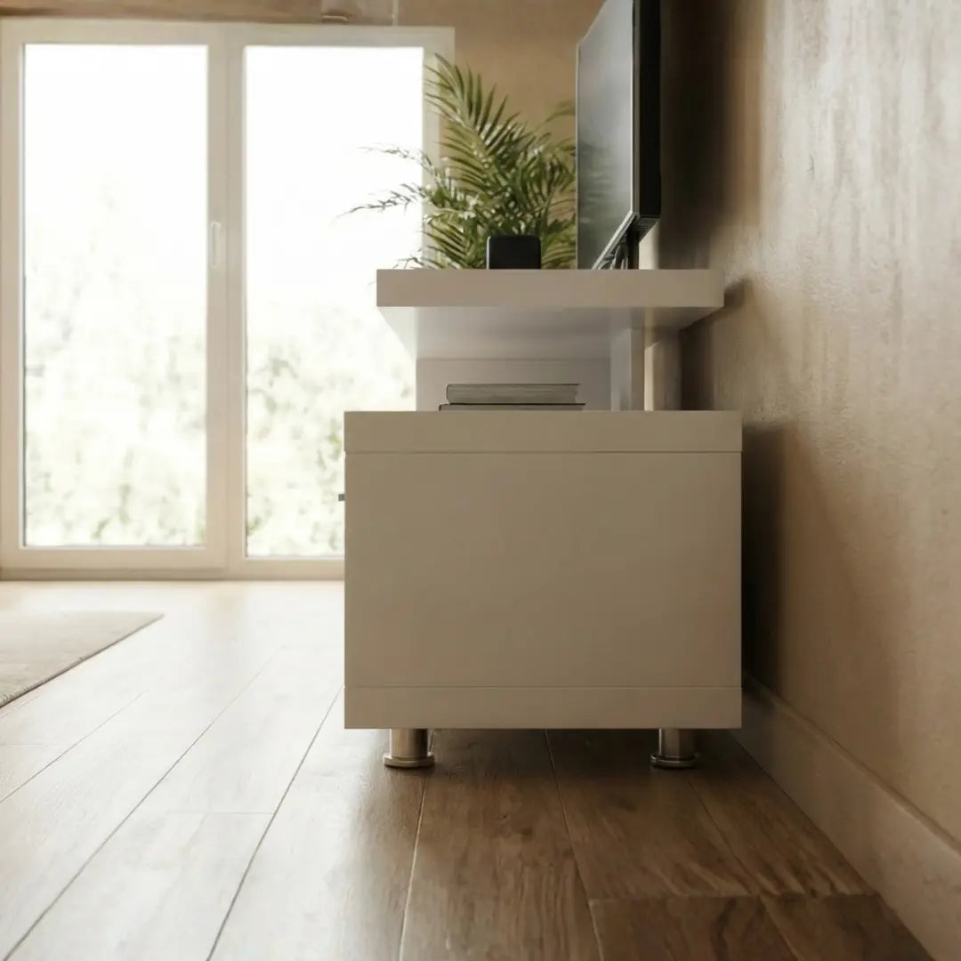 Rina TV Console | Modern Staggered White Media Unit with Drawer