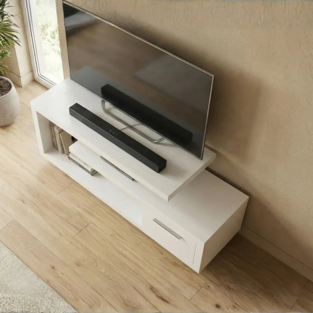 Rina TV Console | Modern Staggered White Media Unit with Drawer