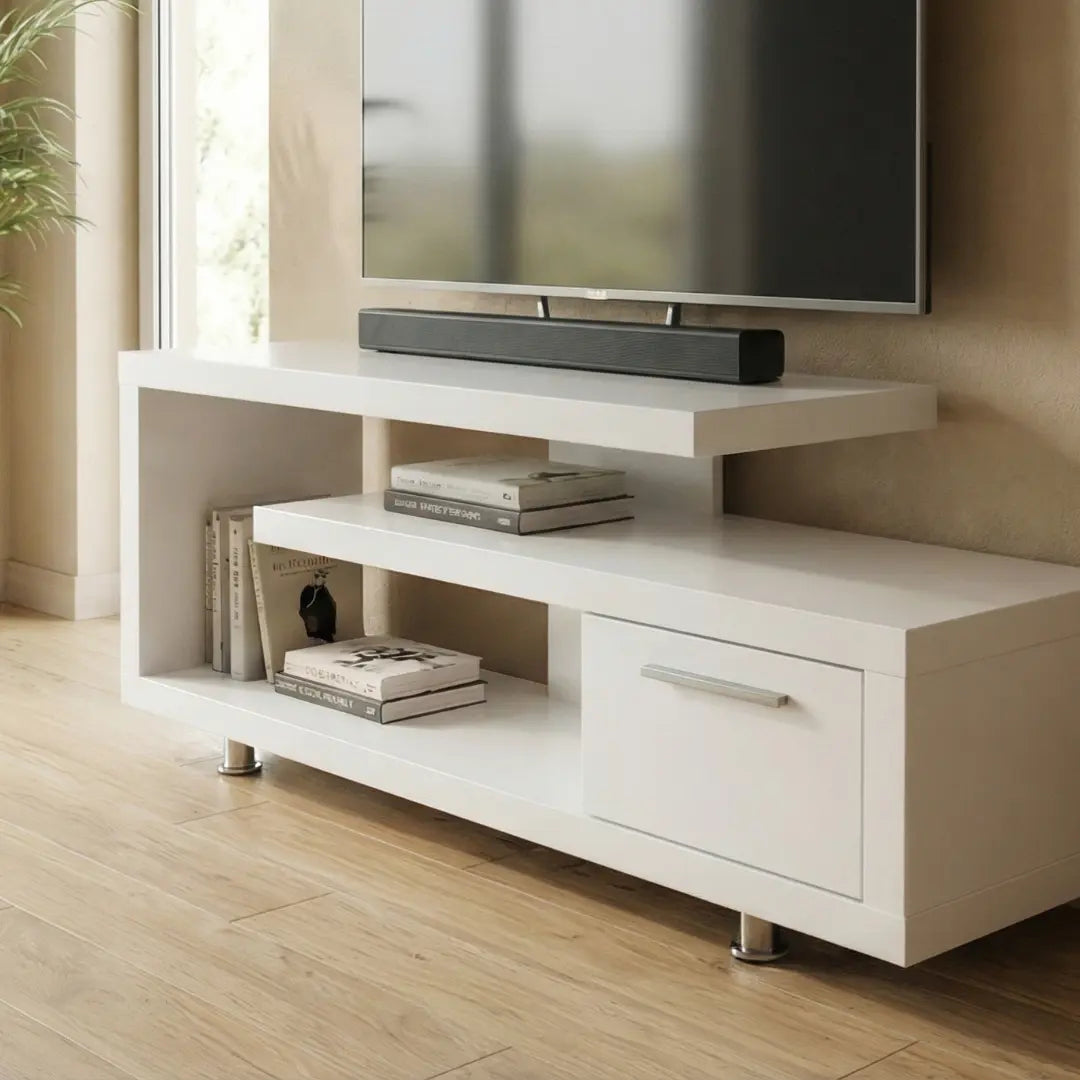 Rina TV Console | Modern Staggered White Media Unit with Drawer