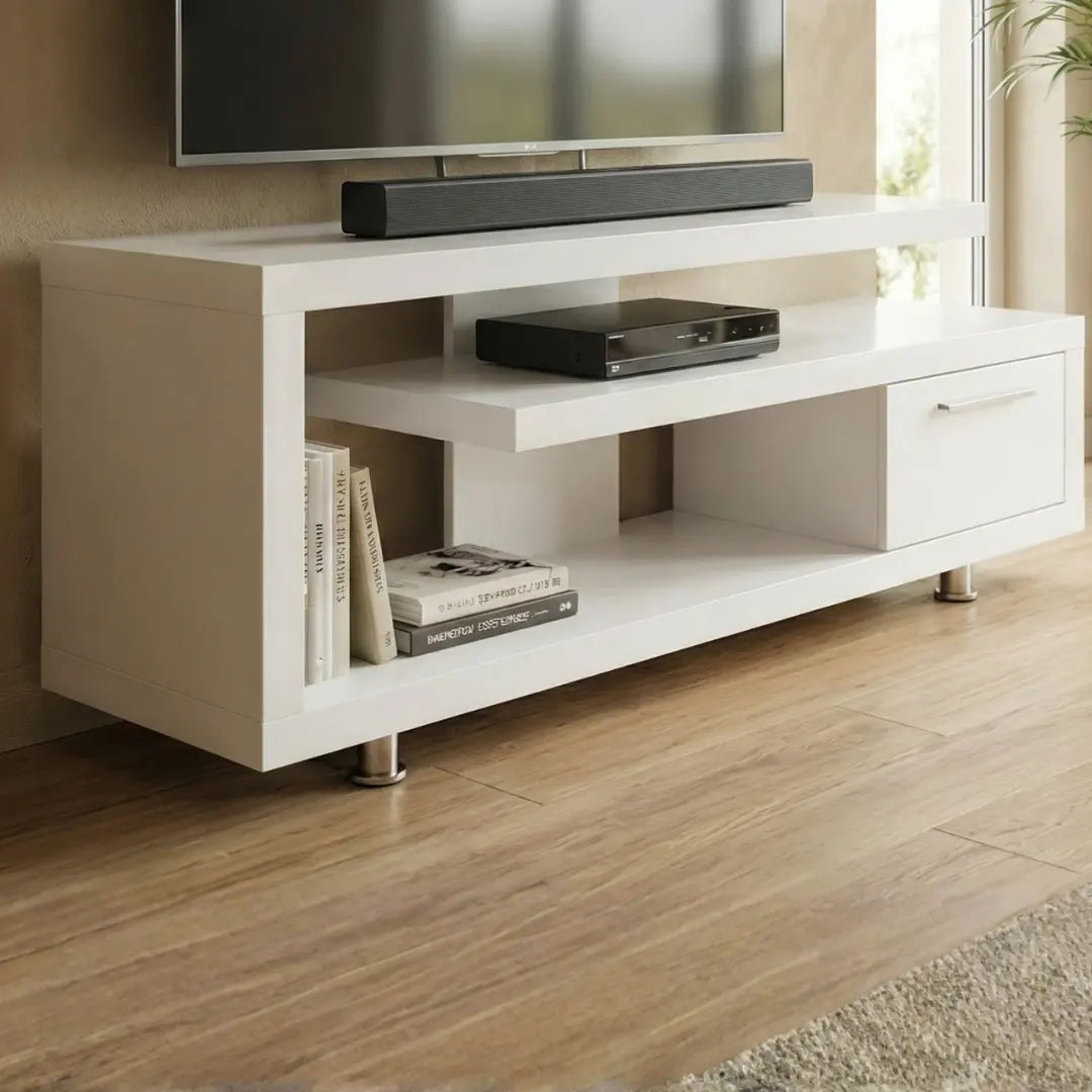 Rina TV Console | Modern Staggered White Media Unit with Drawer