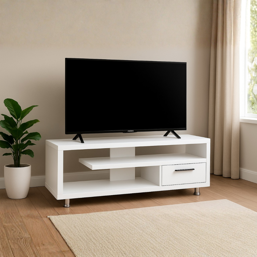 Rina TV Console | Modern Staggered White Media Unit with Drawer
