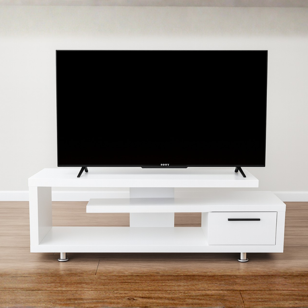 Rina TV Console | Modern Staggered White Media Unit with Drawer