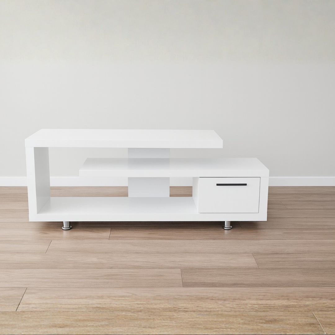 Rina TV Console | Modern Staggered White Media Unit with Drawer