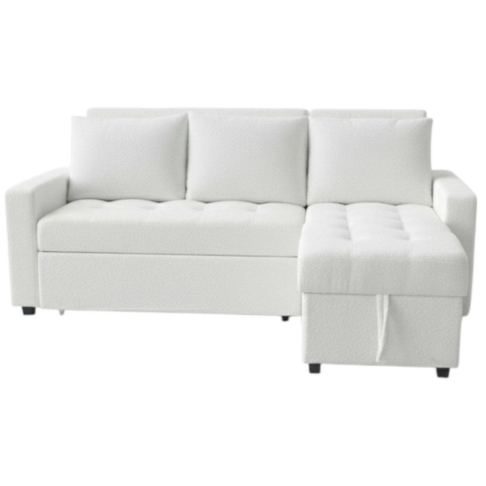 Boucle White Sofa Bed | Convertible Pull Out Sleeper with Hidden Storage
