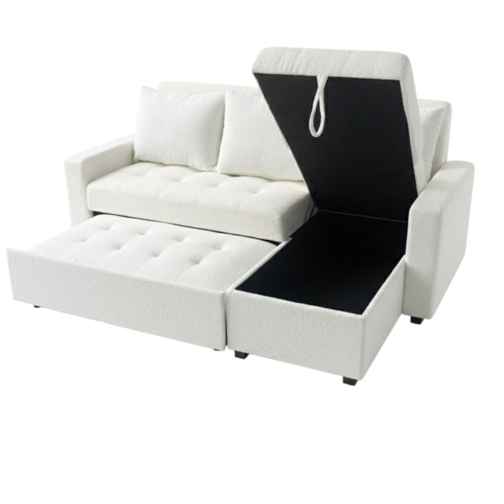 Boucle White Sofa Bed | Convertible Pull Out Sleeper with Hidden Storage