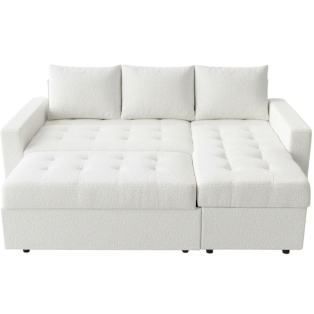 Boucle White Sofa Bed | Convertible Pull Out Sleeper with Hidden Storage