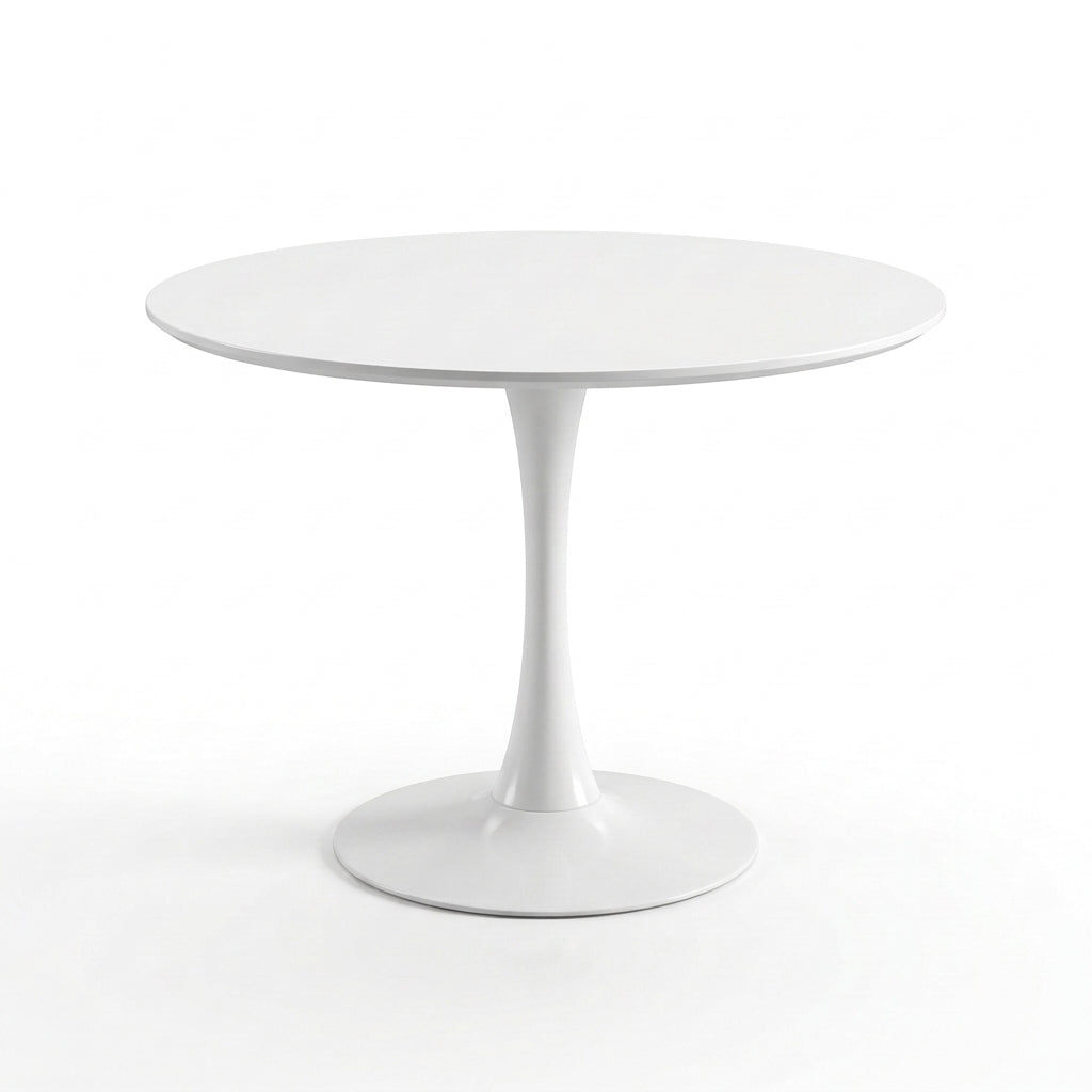 Velets 40 inch white round tulip dining table, front view on a white background