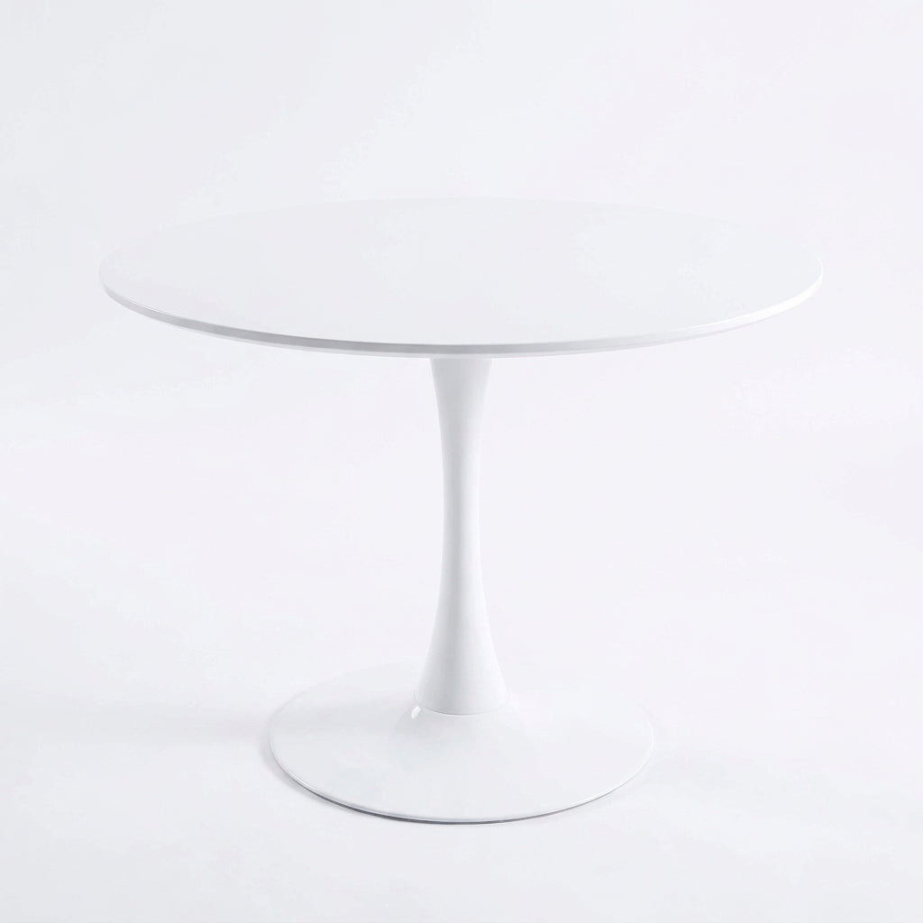 Velets white round tulip dining table, three-quarter view on a light background